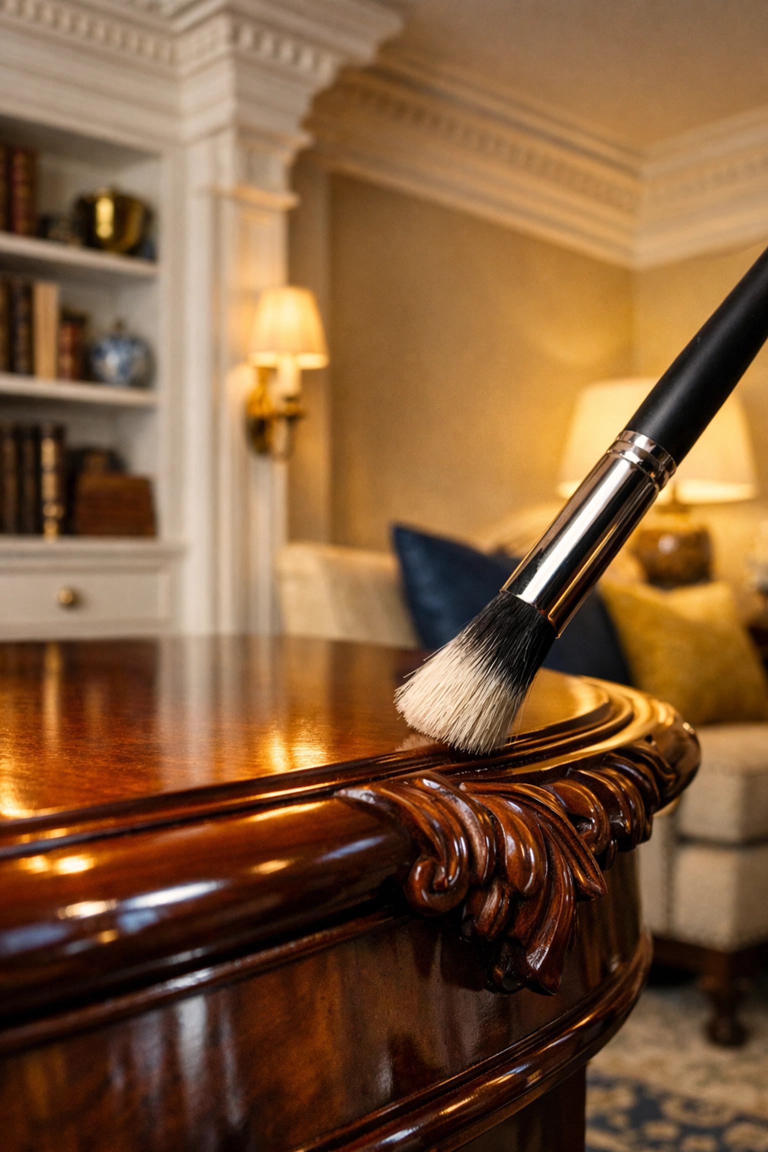 Professional micro-detailing of wood carvings in a luxury Sudbury estate to reveal a pristine glow.