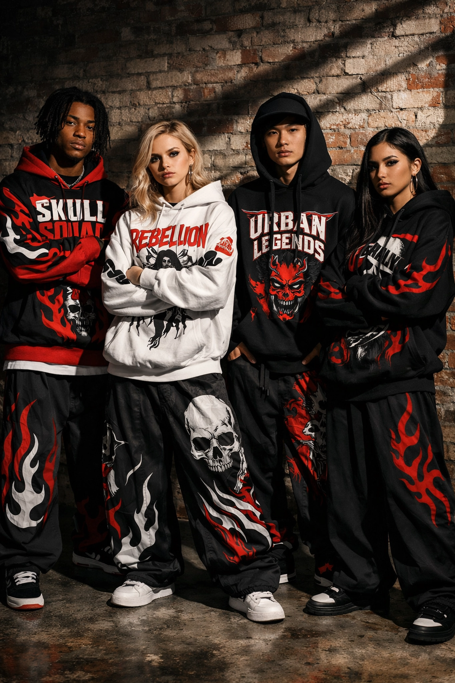 Group wearing PWPTAOS custom streetwear hoodies and wide-leg pants in urban setting