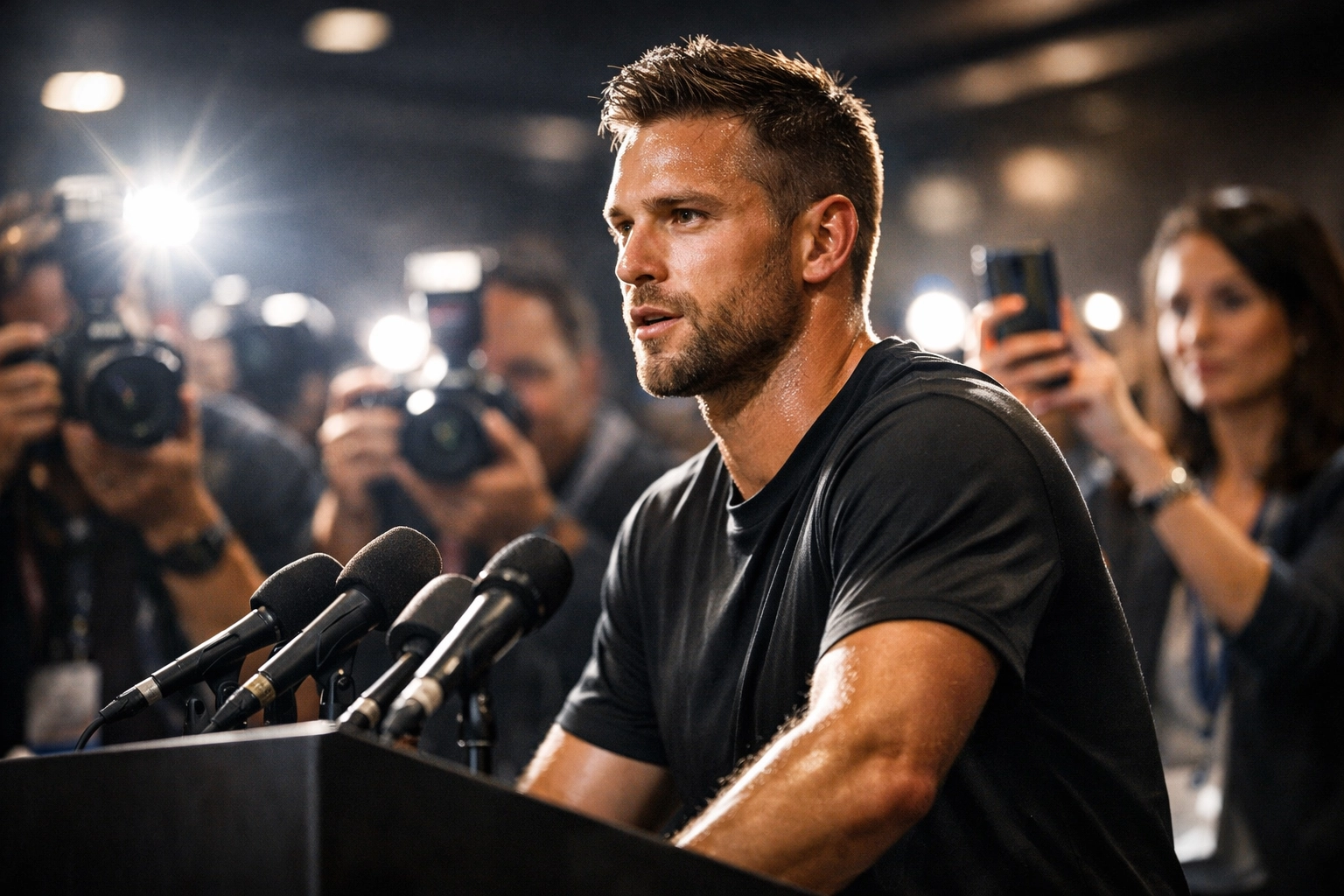 Professional athlete at a press conference building brand identity and NIL marketing connections.