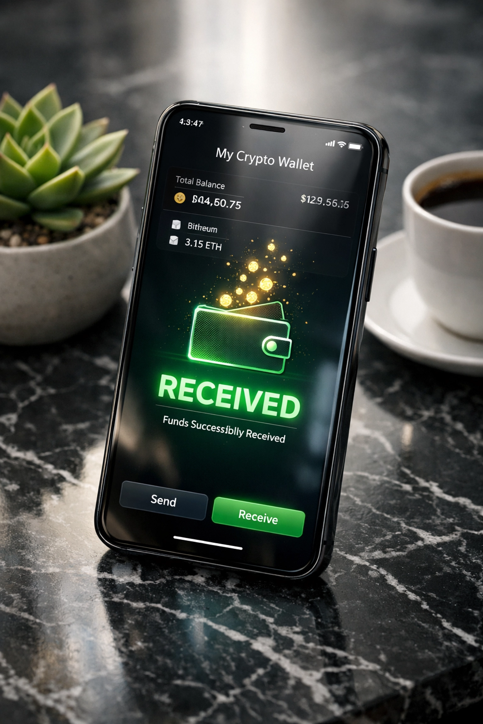 Self-custody crypto wallet receiving instant payment confirmation on mobile device