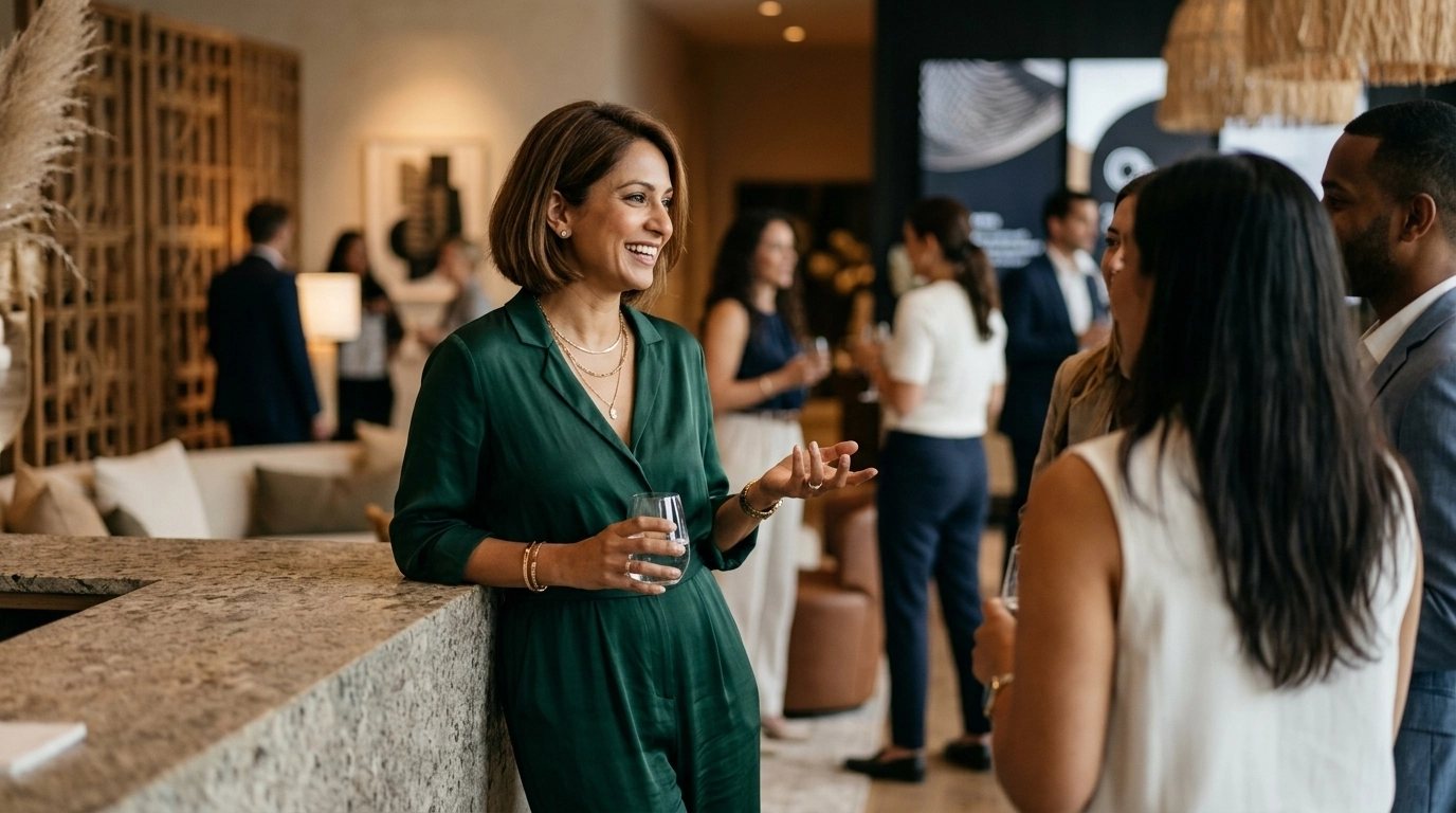 A professional woman in a relaxed, authentic pose at a stylish high-end event setting, embodying calm, elegant leadership in a premium lifestyle scene.