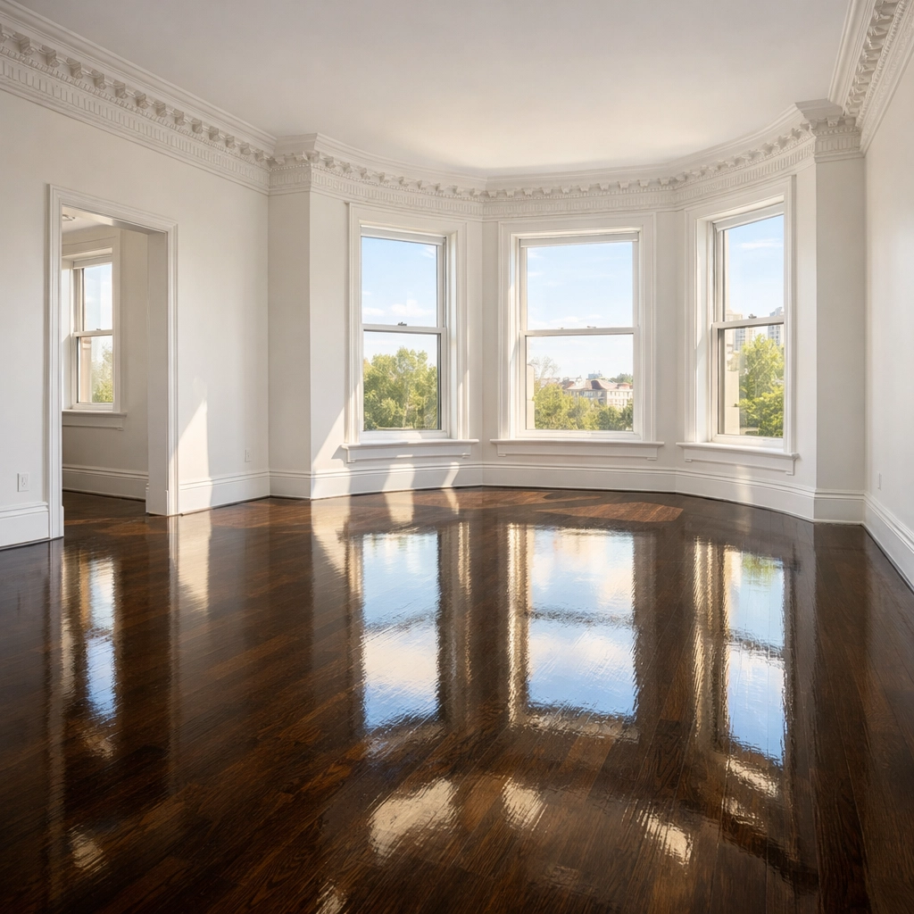 Spotless empty luxury apartment with waxed floors after a move-out Apartment Cleaning Boston session.