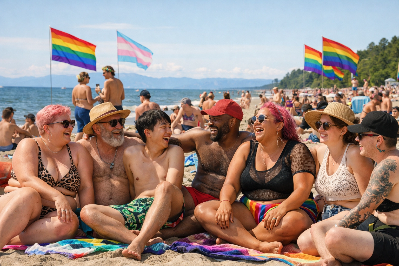 LGBTQ+ community gathering at Wreck Beach Vancouver with rainbow pride flags