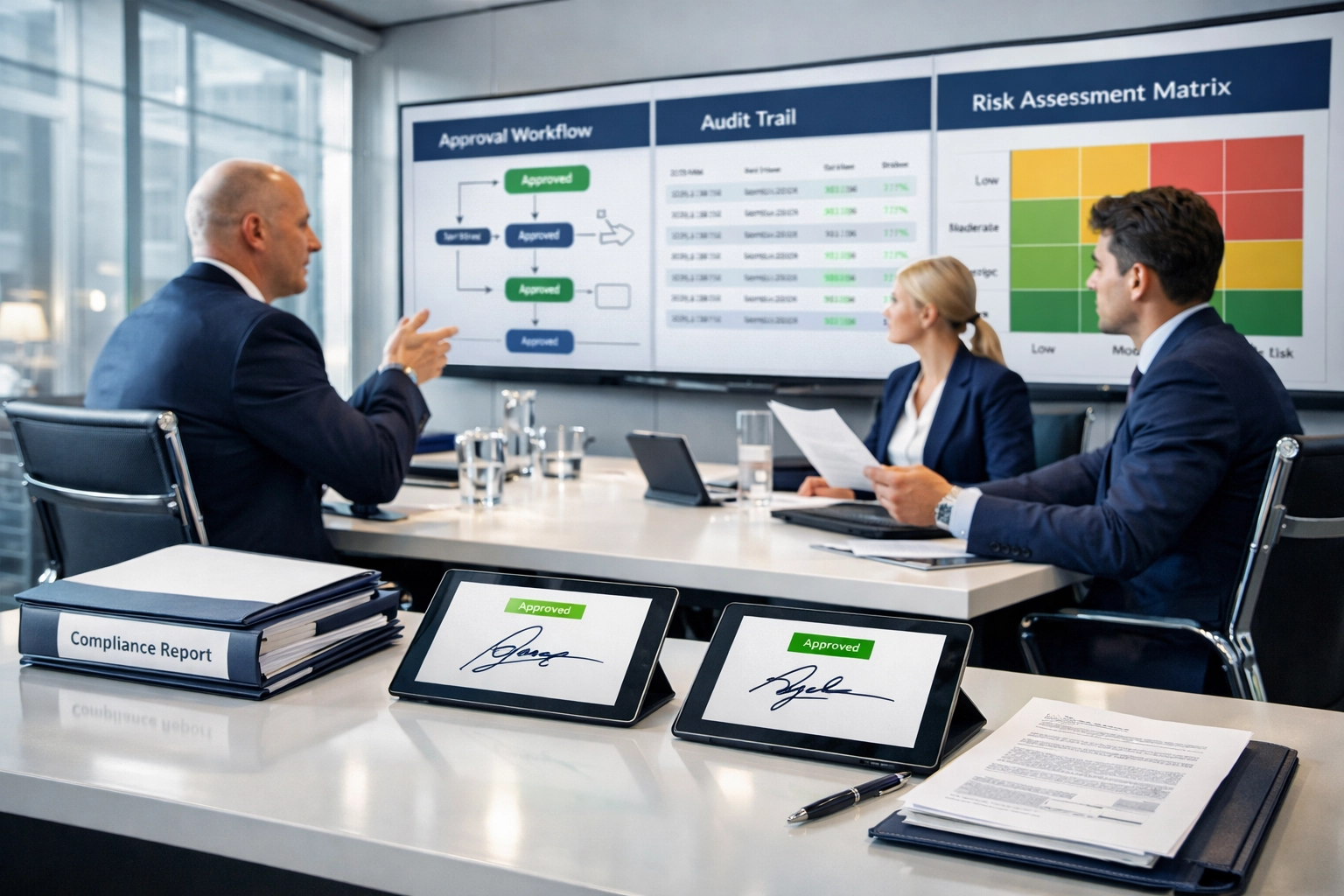 Compliance officers reviewing ServiceNow approval workflows and audit trails in banking environment