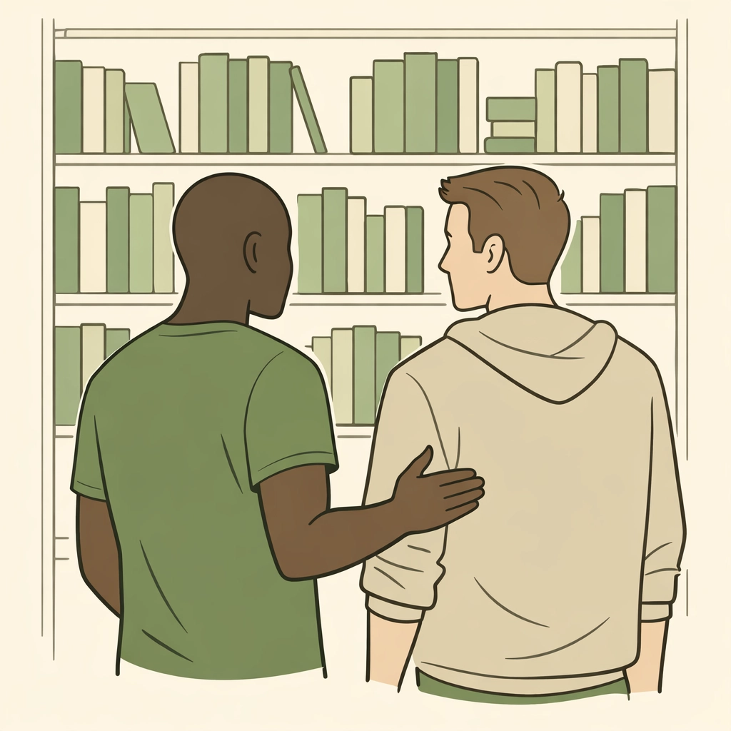 Two men browsing bookshelves together, highlighting diverse asexual representation in contemporary MM novels.