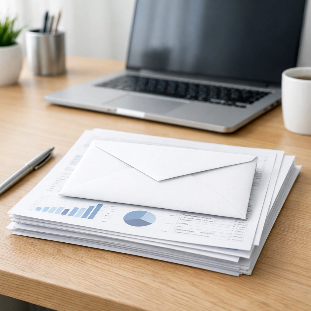 Official IRS identity verification letter resting on a desk with organized tax documents and a laptop.