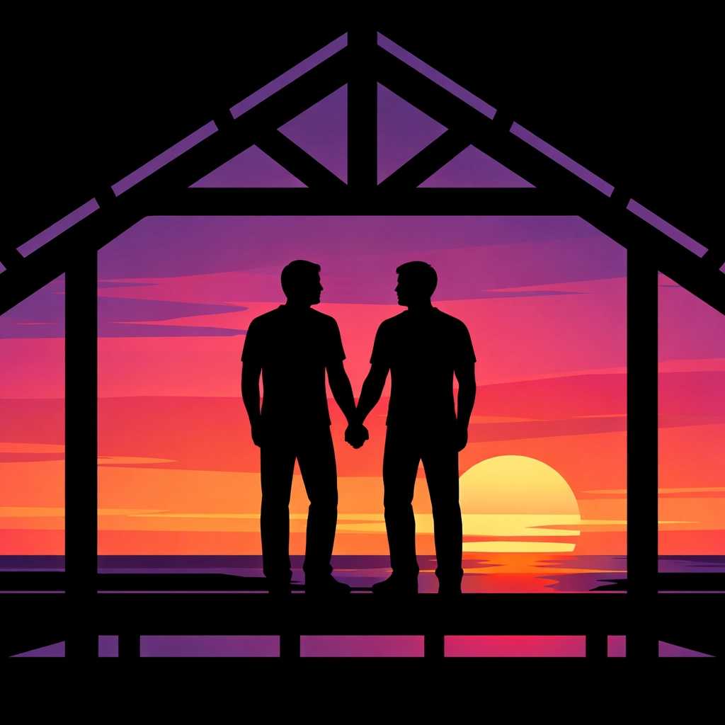 Silhouette of a gay couple holding hands within a house frame against a sunset, symbolizing their future.