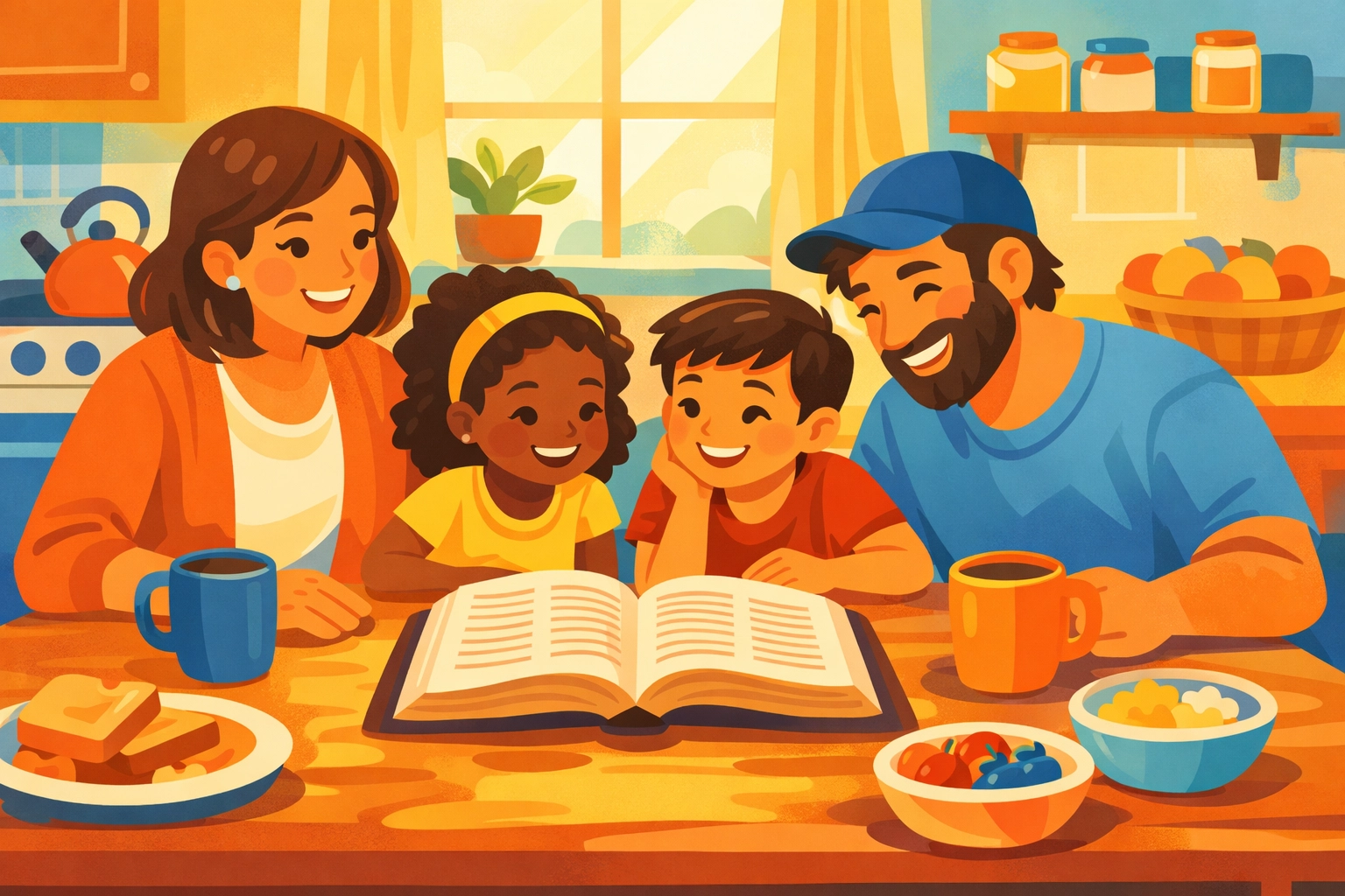 Canadian family reading Bible together at breakfast table practicing faith based parenting