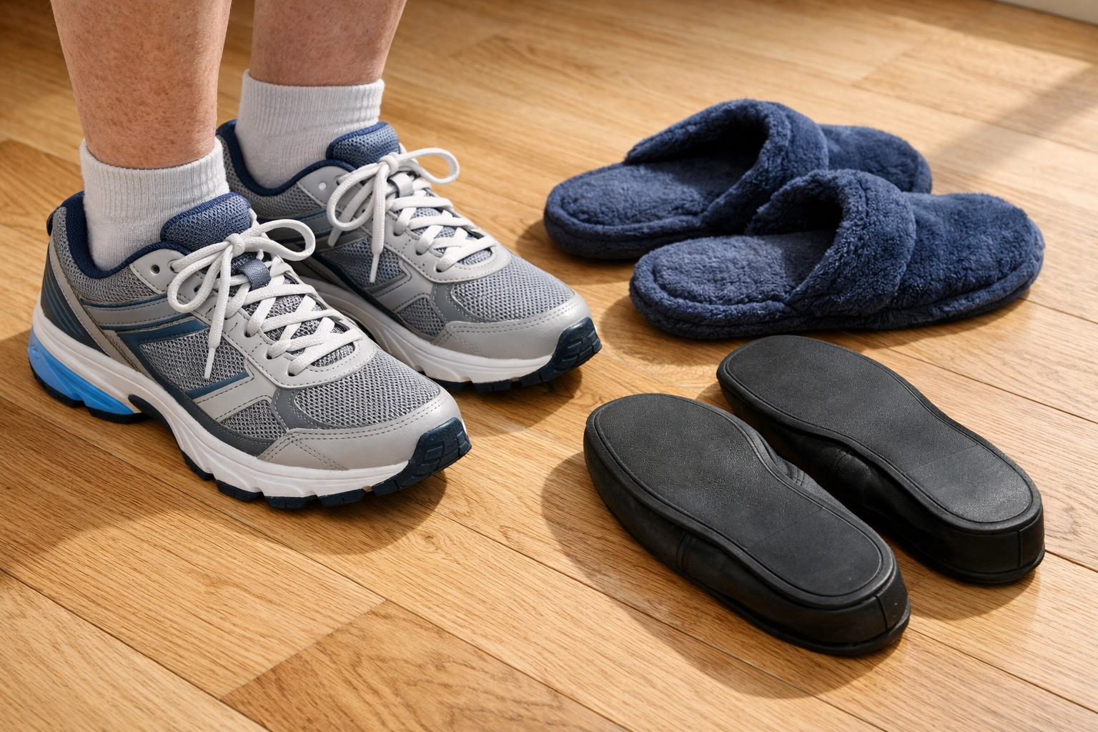 Supportive athletic shoes for seniors compared to unsafe slippers for fall prevention