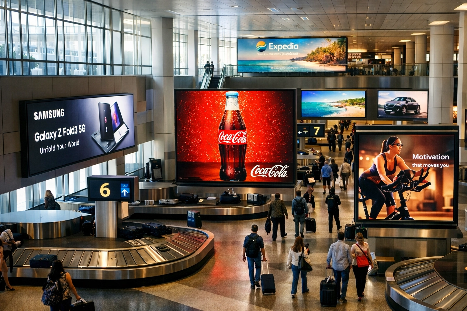 Airport terminal baggage claim with digital out-of-home advertising displays