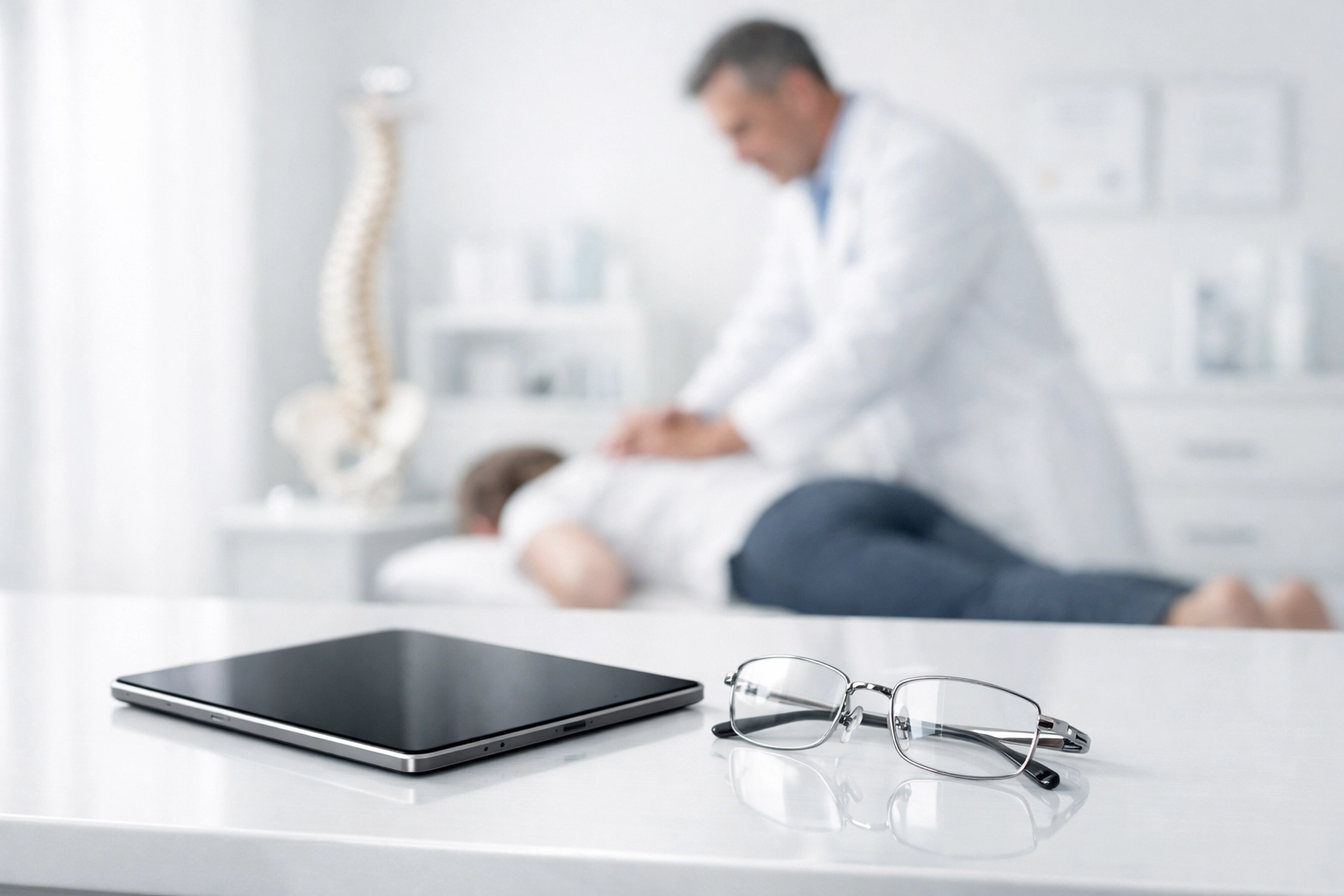 A secure clinical workspace with a tablet representing HIPAA-compliant digital marketing for chiropractic practices.