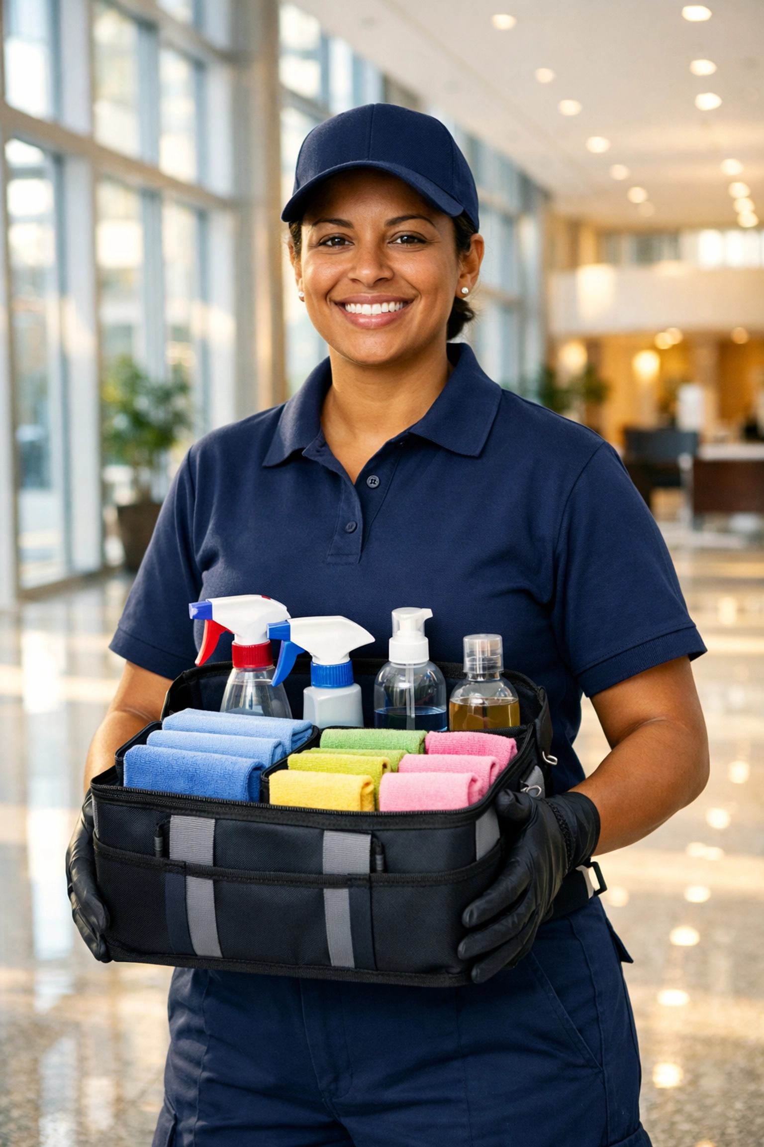 Reliable commercial cleaner in uniform ready for high-standard office cleaning in Central Scotland.