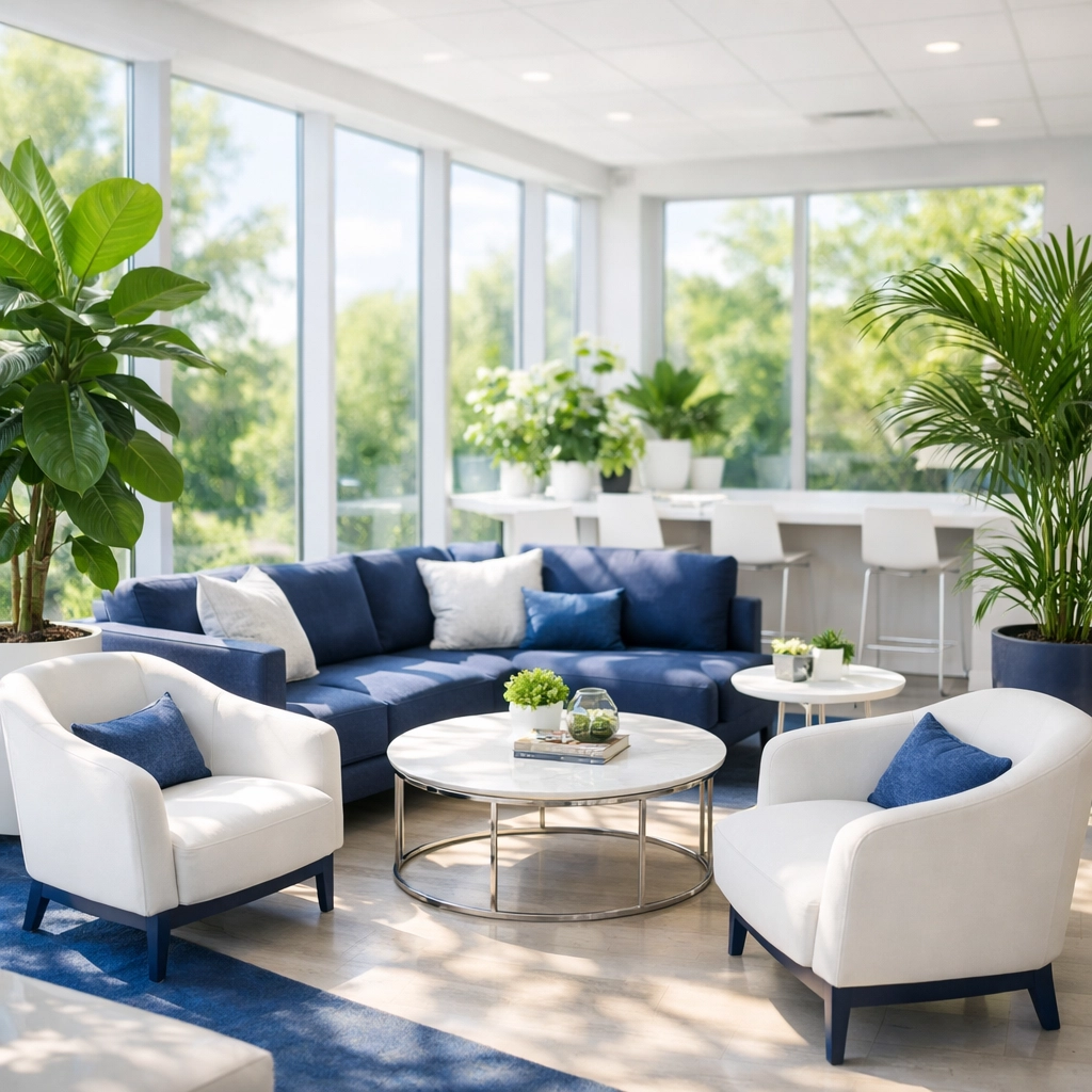 Clean, bright Franklin office lounge showing healthy air quality after eco-friendly commercial cleaning.