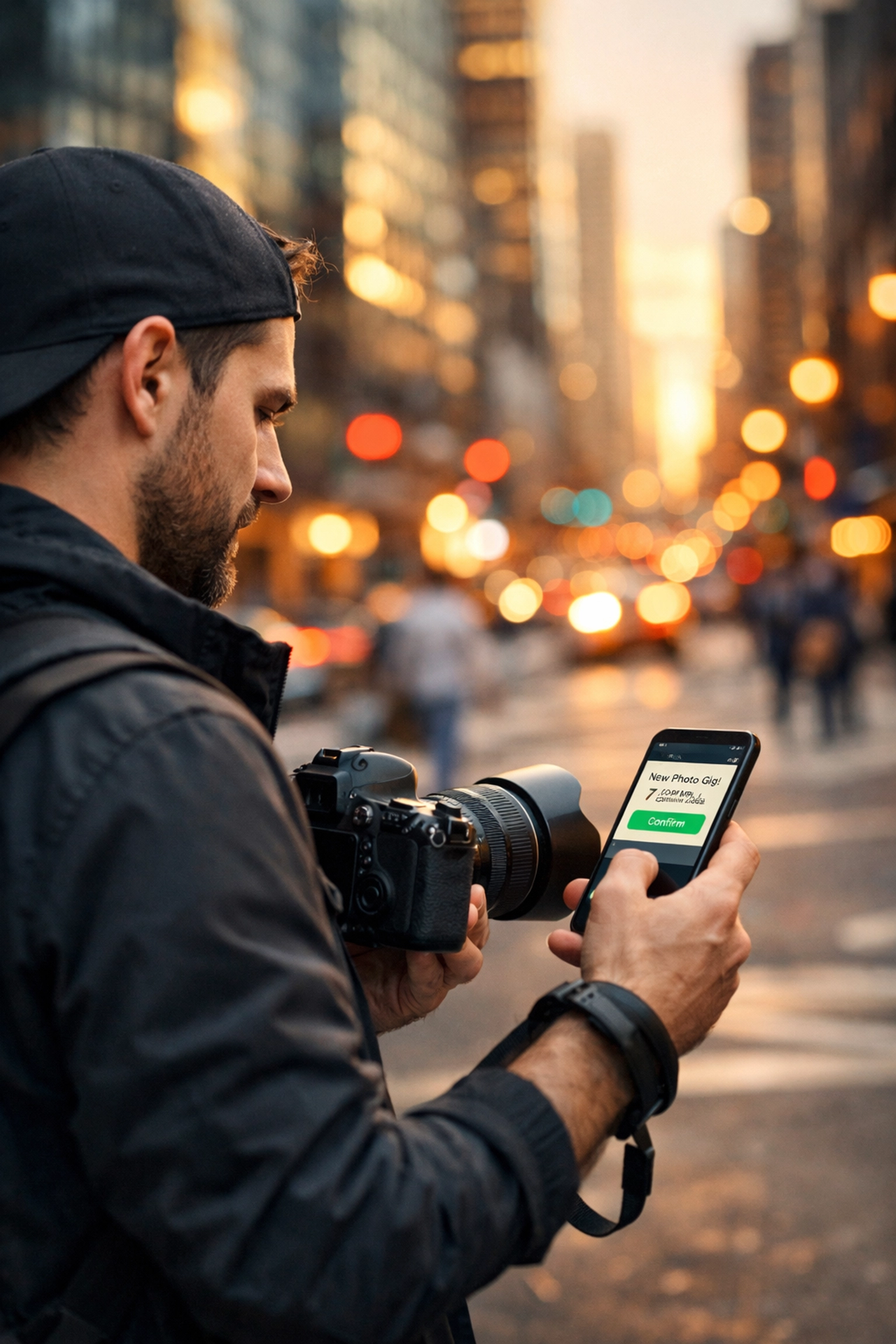 How to Get Your First 10 Photo/Video Gigs on Proshoot.io (Step-by-Step, No Huge Following Needed) 2 A photographer checking for new photo gig notifications on a smartphone while working in a vibrant city at sunset.