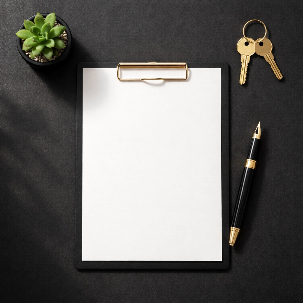 Flat-lay of clipboard, keys, gold pen, and plant on matte black surface, representing precise inventory record keeping.