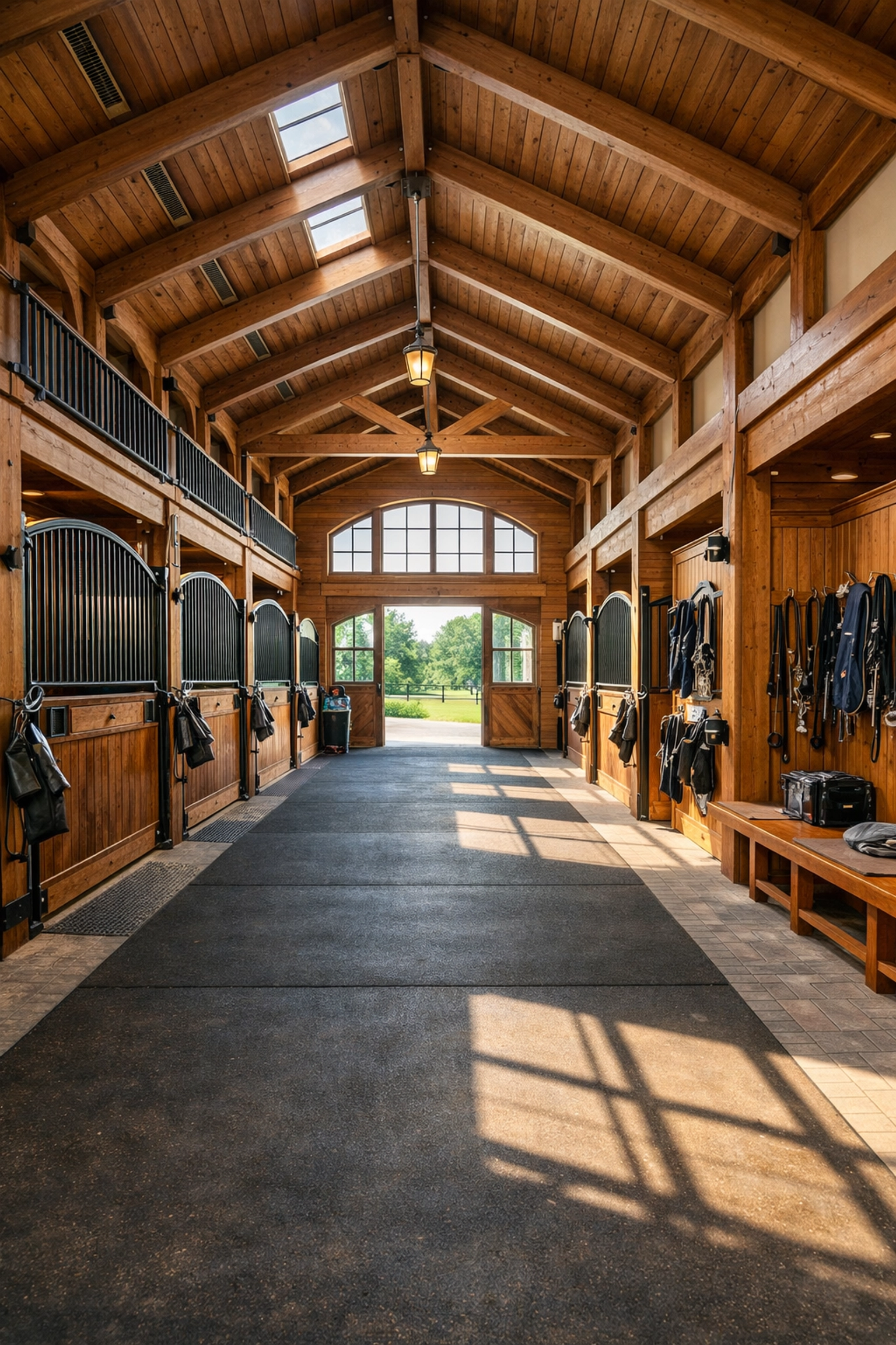 Professional horse barn interior with stalls and center aisle at Waxhaw equestrian property
