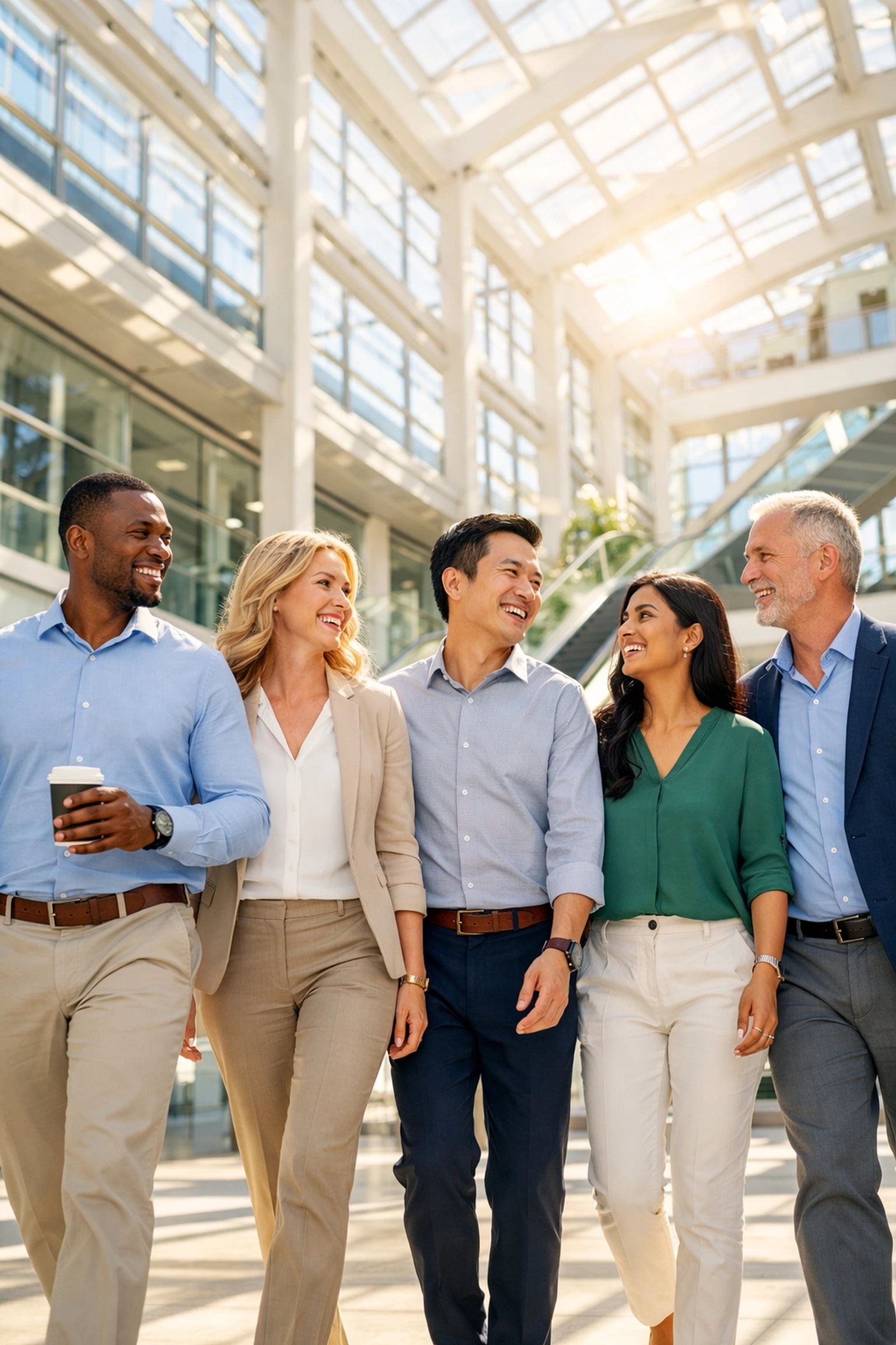 Engaged and diverse team walking in a bright office atrium, showing a healthy workplace culture.