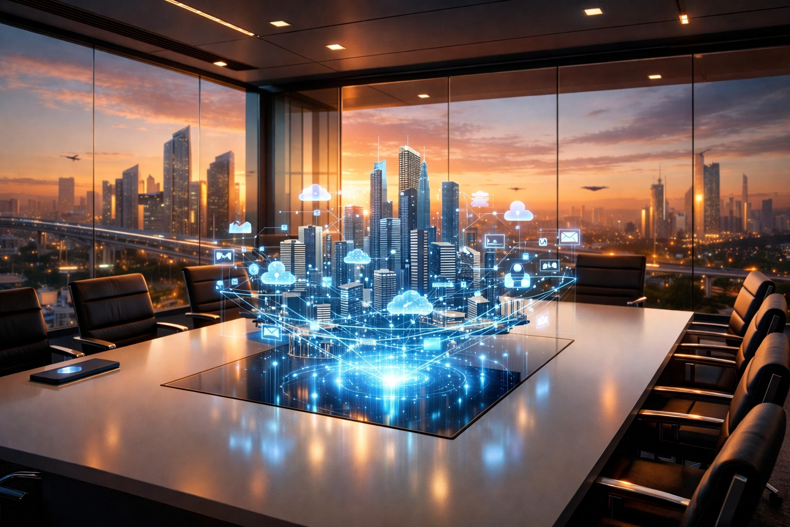 Visionäres Büro mit Hologramm eines Firmennetzwerks als Symbol für die erfolgreiche KI-Integration im Unternehmen.