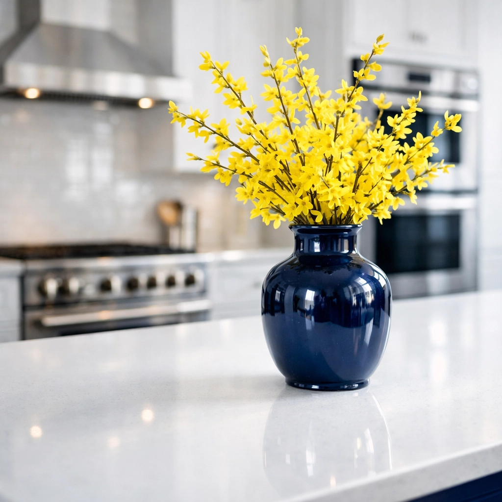 Spotless white quartz kitchen island showing the results of scheduled residential cleaning Massachusetts.
