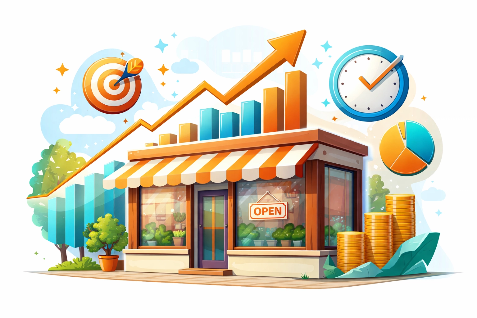 Small business storefront with growth indicators showing machine learning benefits and efficiency gains