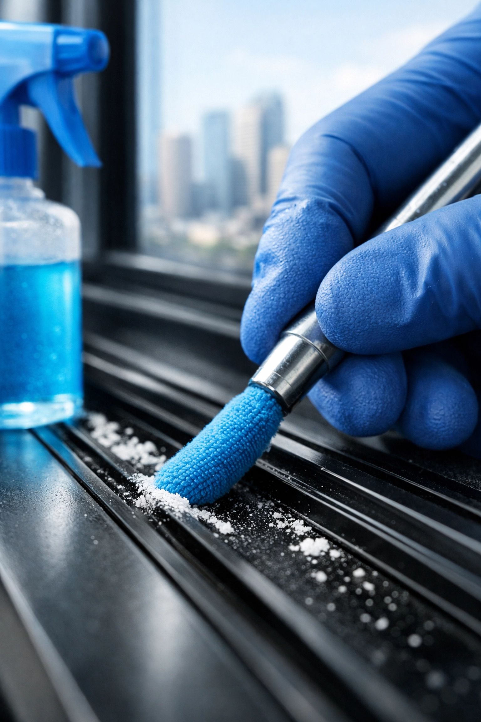 Professional cleaning of window tracks at a Tampa construction site to remove drywall dust.