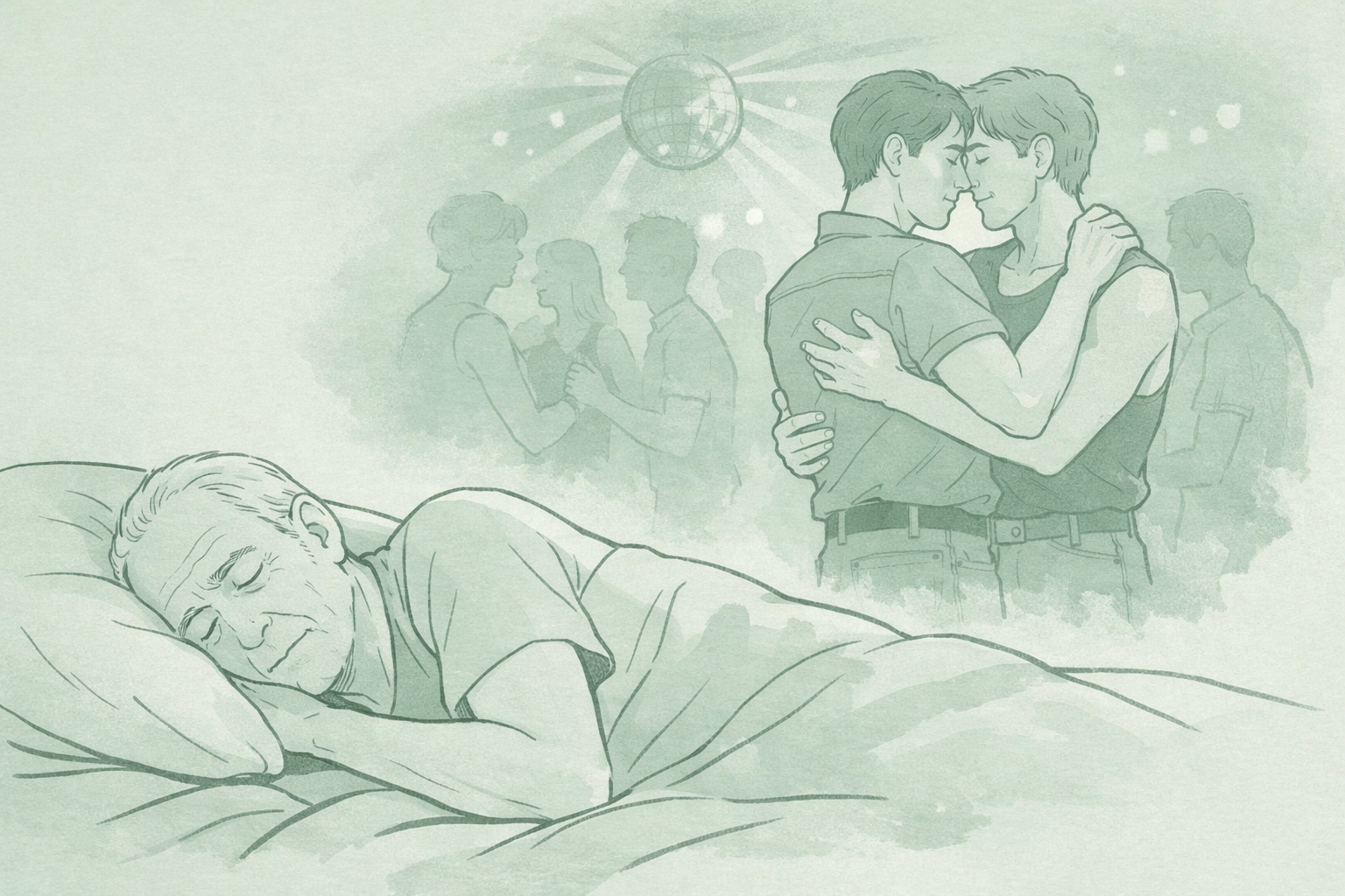 Older gay man dreaming of dancing with lost love from his youth in the 1980s