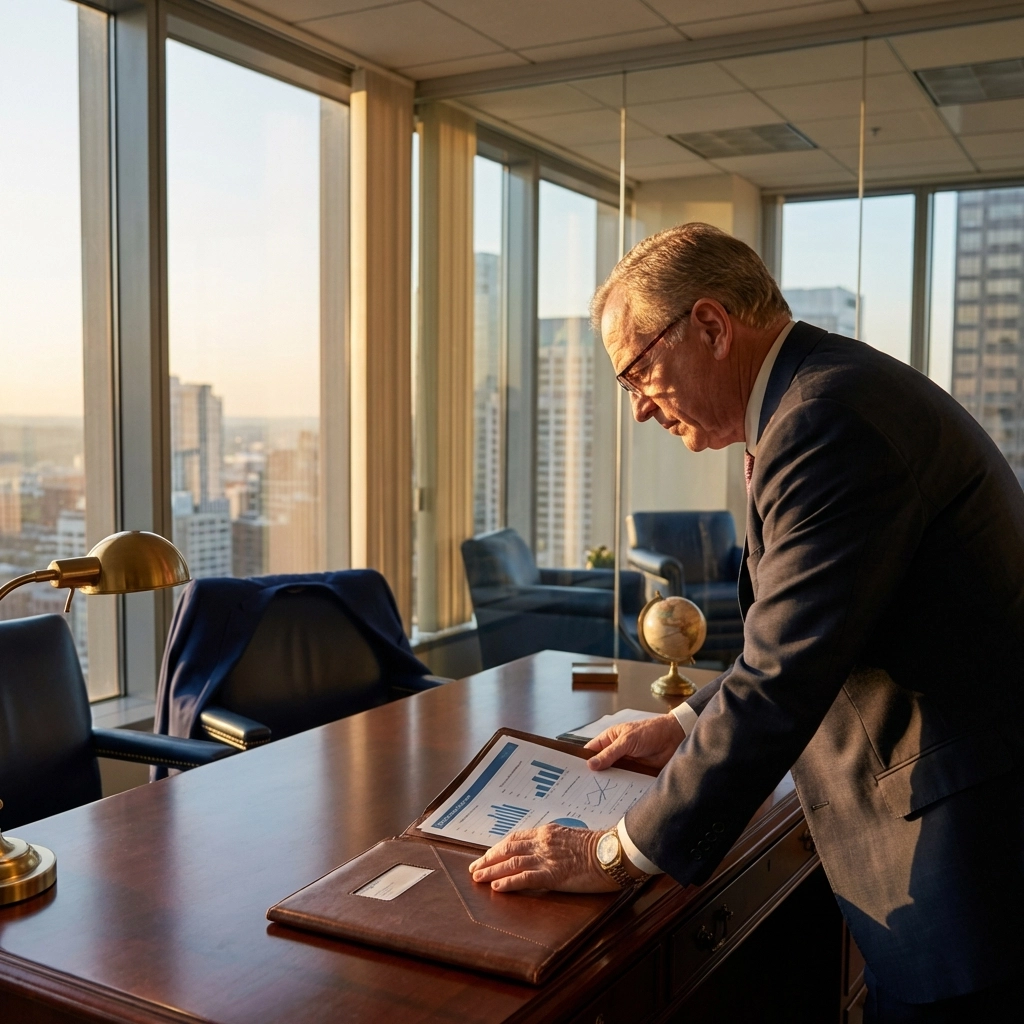 Sophisticated investor reviewing financial documents in a sunlit office overlooking a city skyline, symbolizing high-net-worth investment decisions