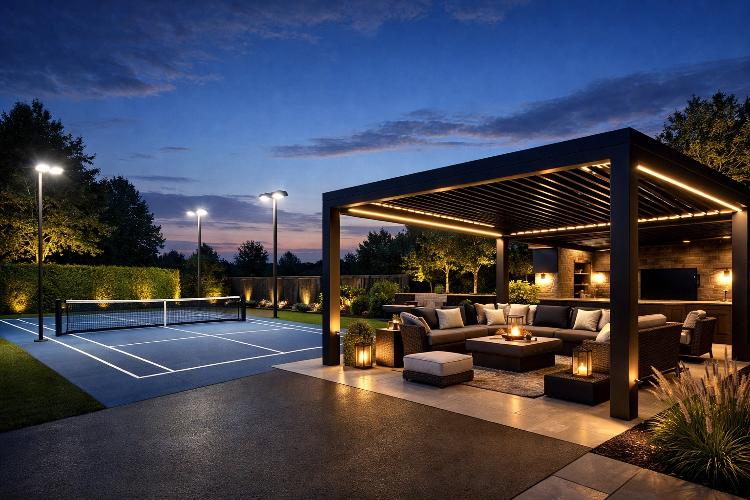 Modern backyard pickleball court with LED floodlights and a luxury black aluminum louvre system for evening play.