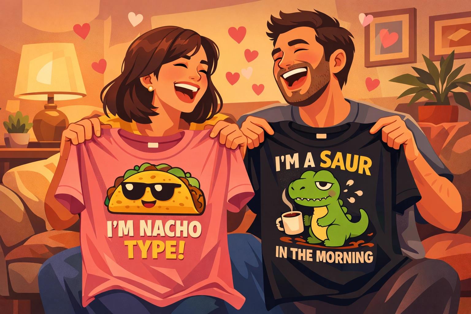 Couple laughing together holding funny graphic t-shirts for Valentine's Day gift