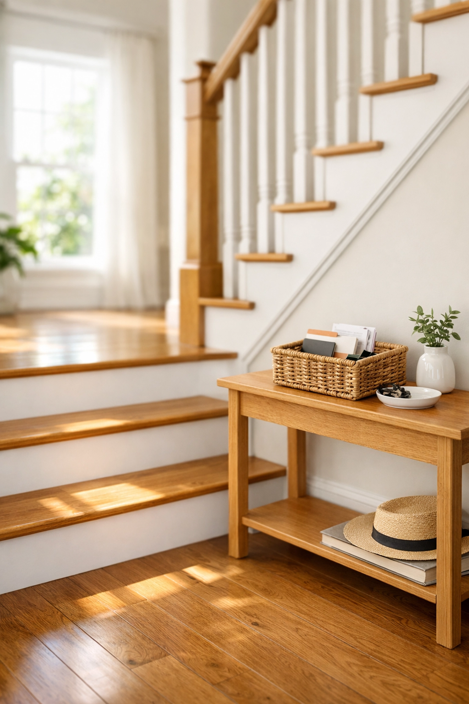 A clean, clutter-free wooden staircase with a nearby side table used as a safe landing zone for items.