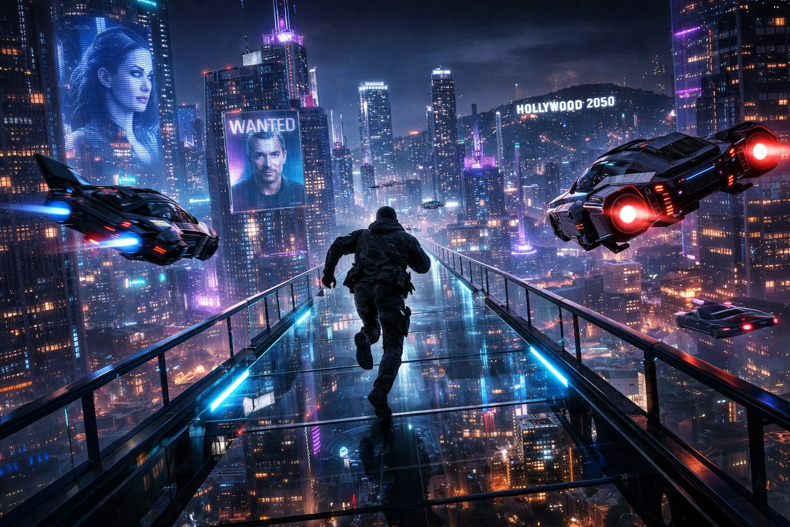 Futuristic Los Angeles chase scene in 2050 from AI thriller Symposium: The End of Tomorrow