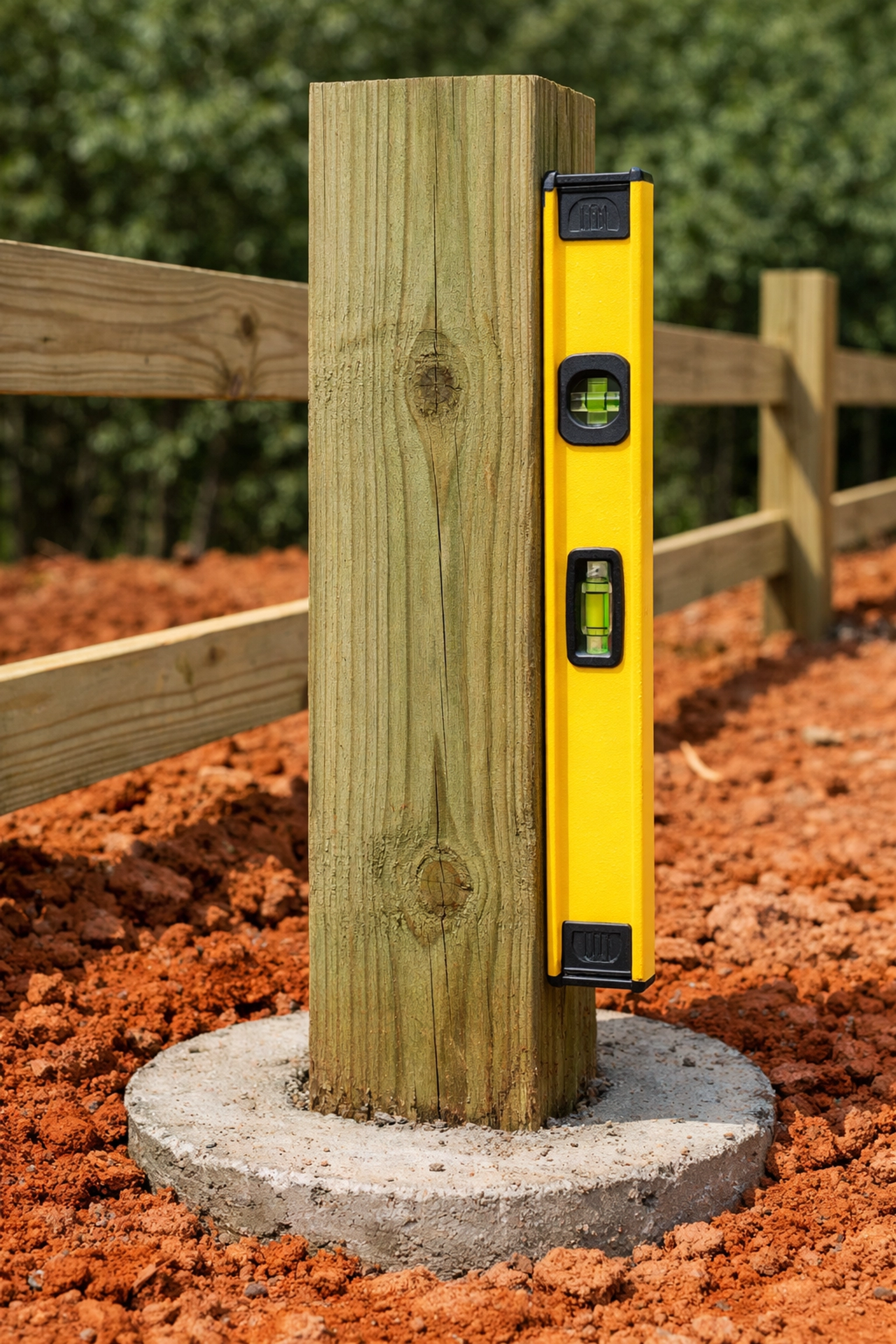 Professional wood fence installation in Knoxville showing a leveled post set in a sturdy concrete base.