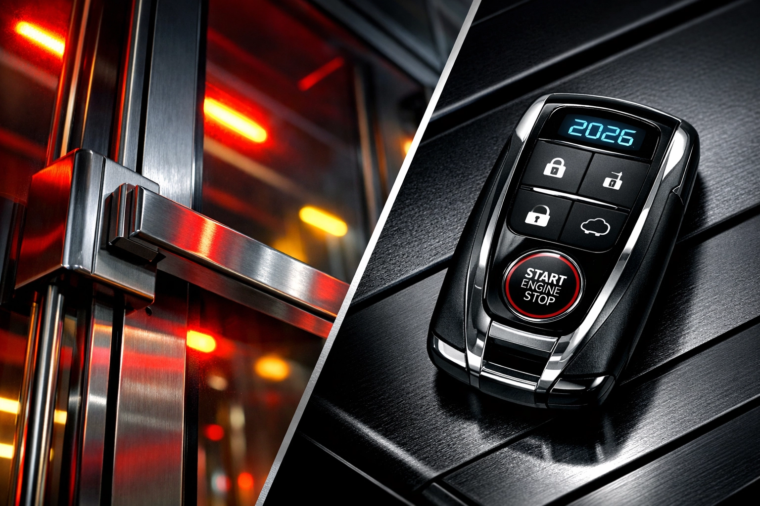 Commercial door push bar and a modern automotive key fob showcasing professional security solutions.
