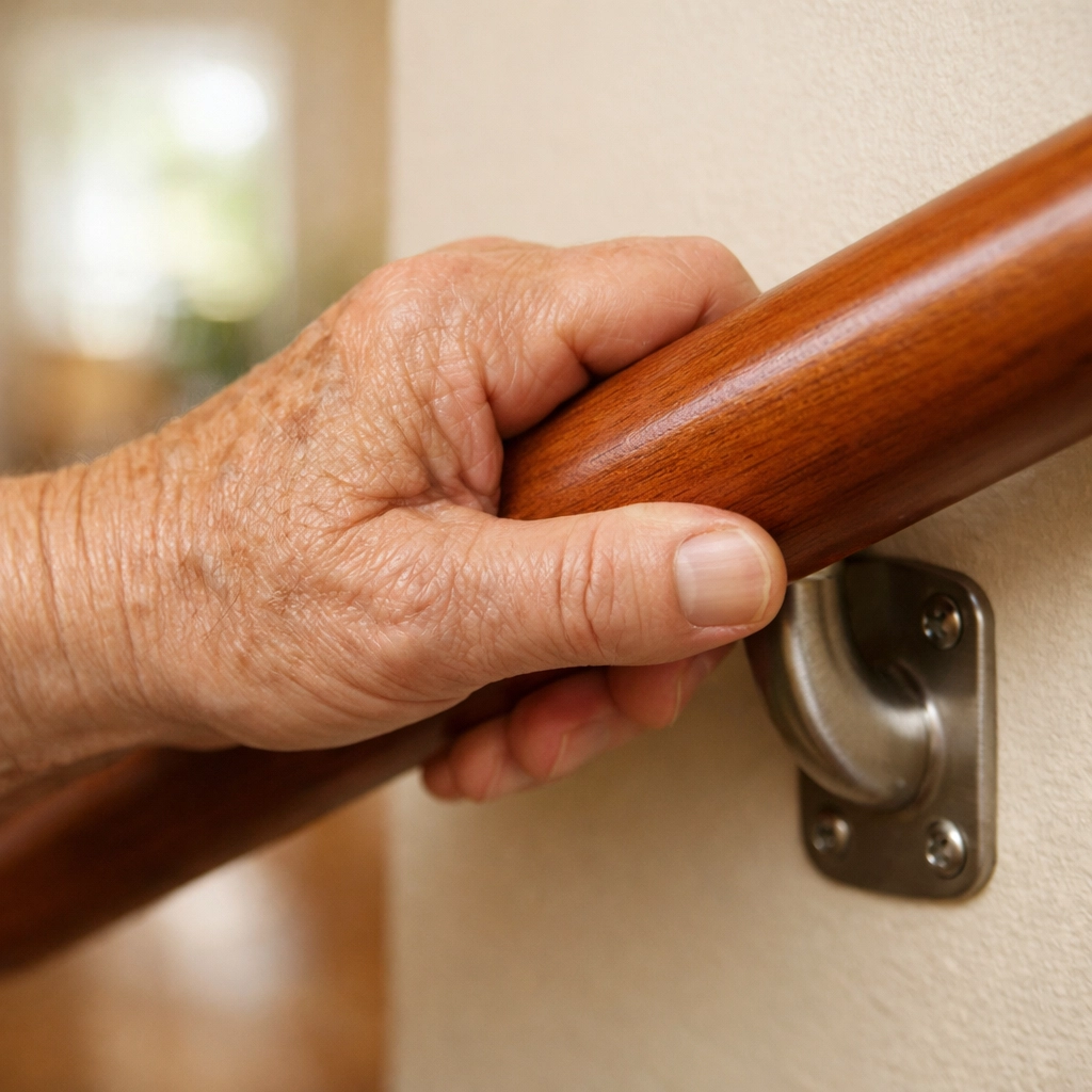 Close-up of a senior's hand securely gripping a round wooden handrail for stair safety.