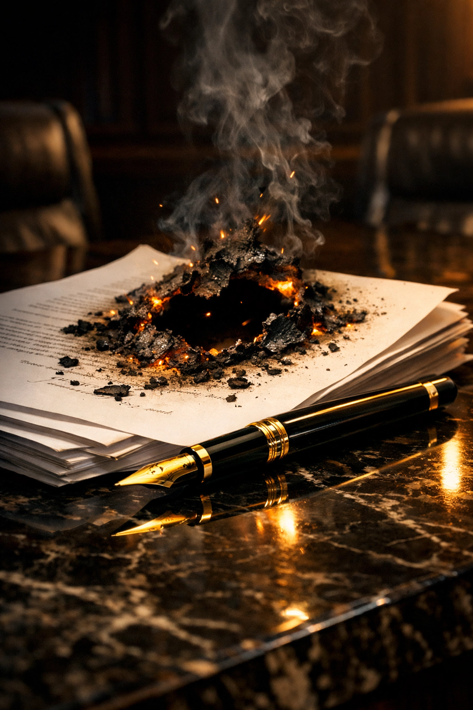 Gold pen on charred legal documents symbolizing the destruction of evidence in a Florida lawsuit.