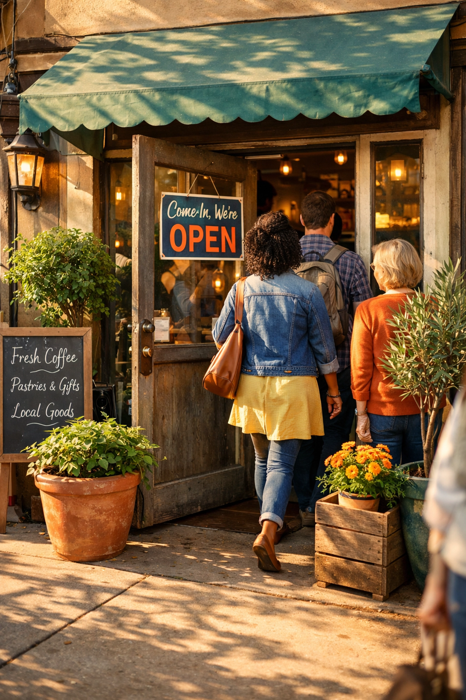 Local small business storefront welcoming customers on sunny morning