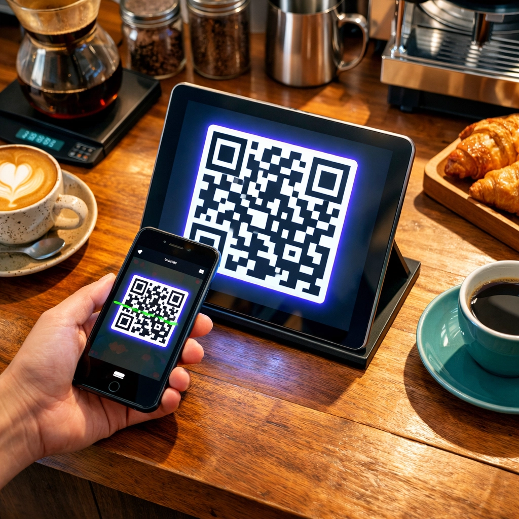 Customer scanning QR code for crypto payment at point of sale terminal