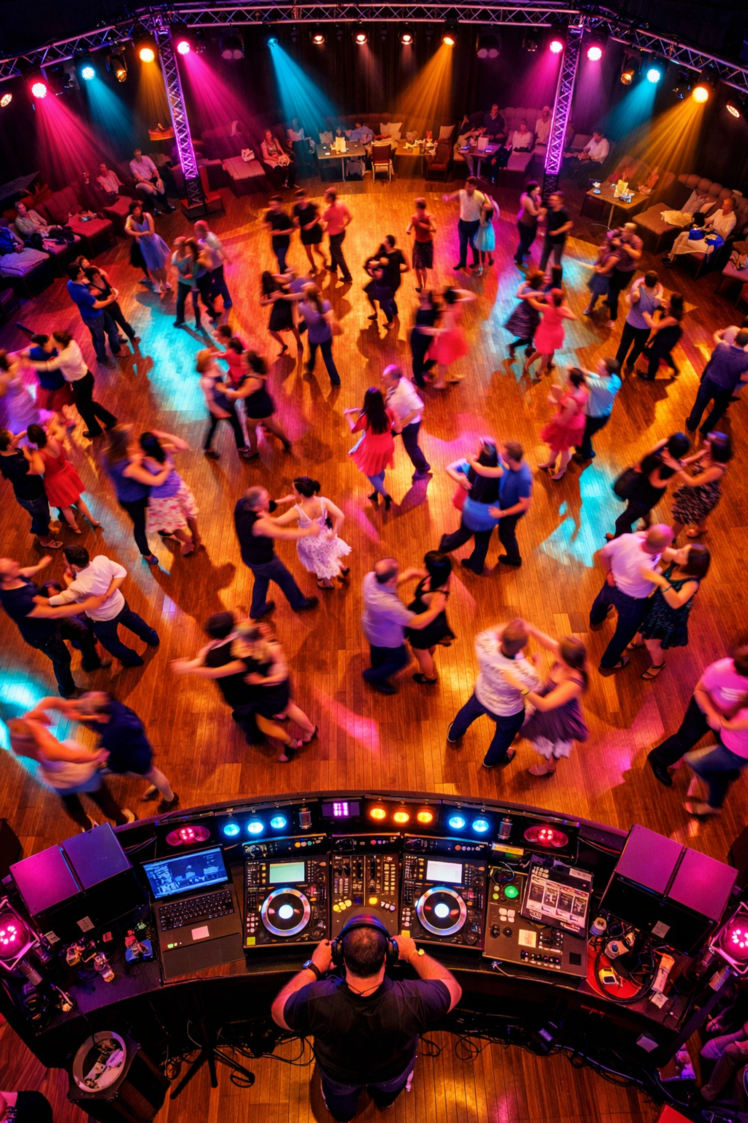 Overhead view of thriving dance event with dancers on professional floor and quality lighting