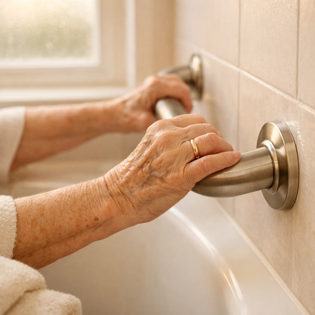Senior hand gripping bathroom grab bar for fall prevention and independent living safety