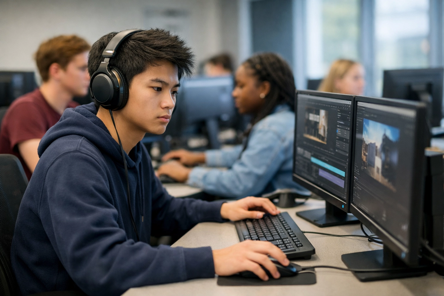 High school students using professional technology in an educational lab to build digital media assets.