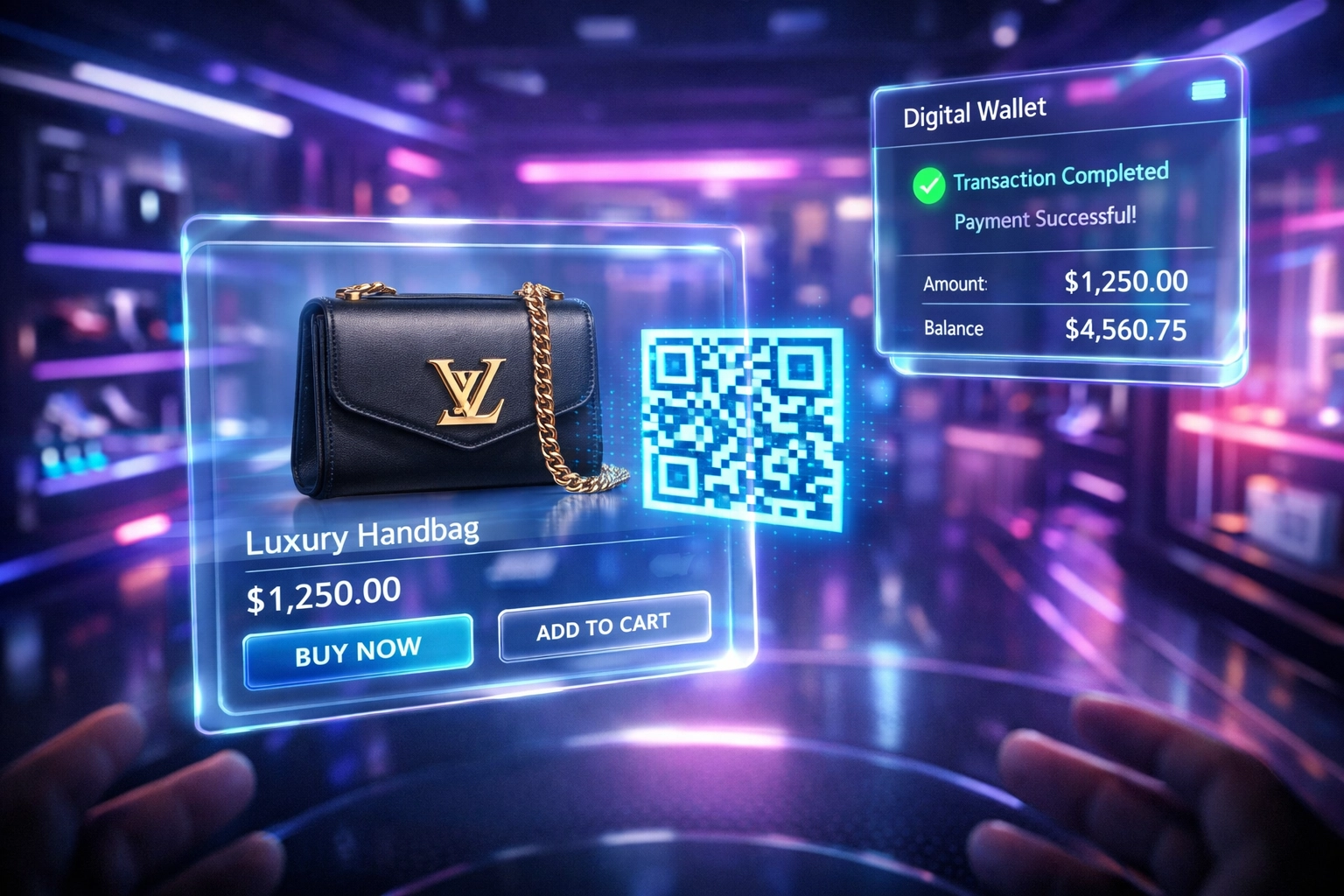 VR shopping interface displaying crypto payment with QR code and instant digital wallet confirmation