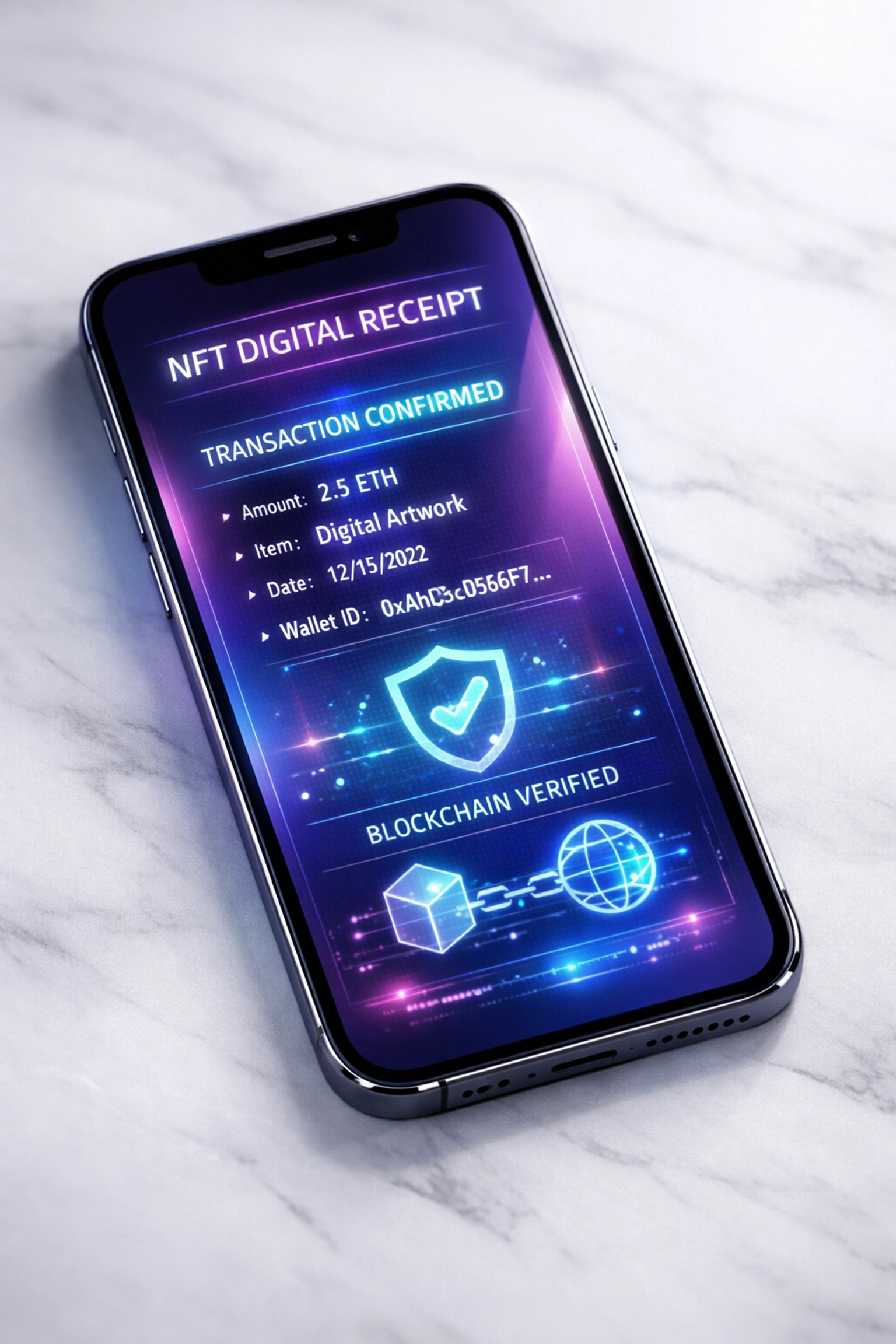 Smartphone displaying NFT digital receipt with blockchain transaction verification