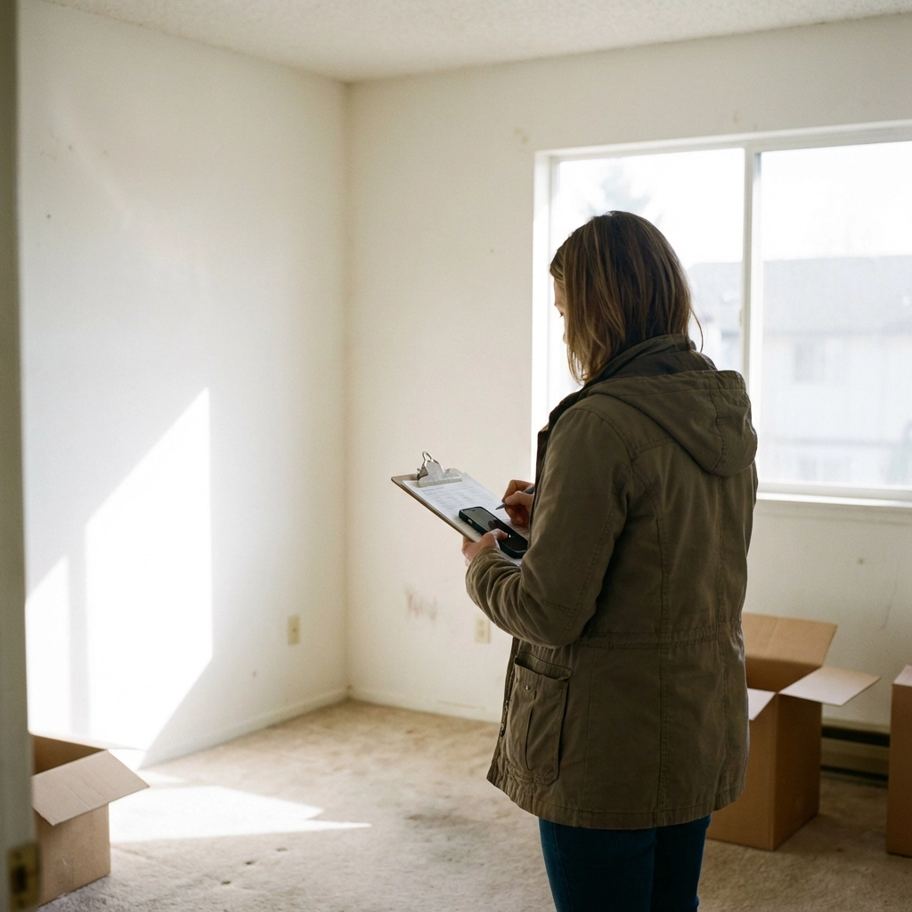 Landlord inspecting empty rental bedroom with checklist during end-of-tenancy property inspection