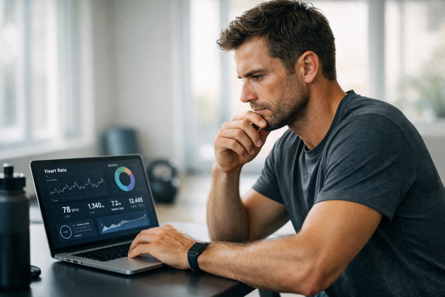 Athlete reviewing testosterone and cortisol test results on laptop in home gym