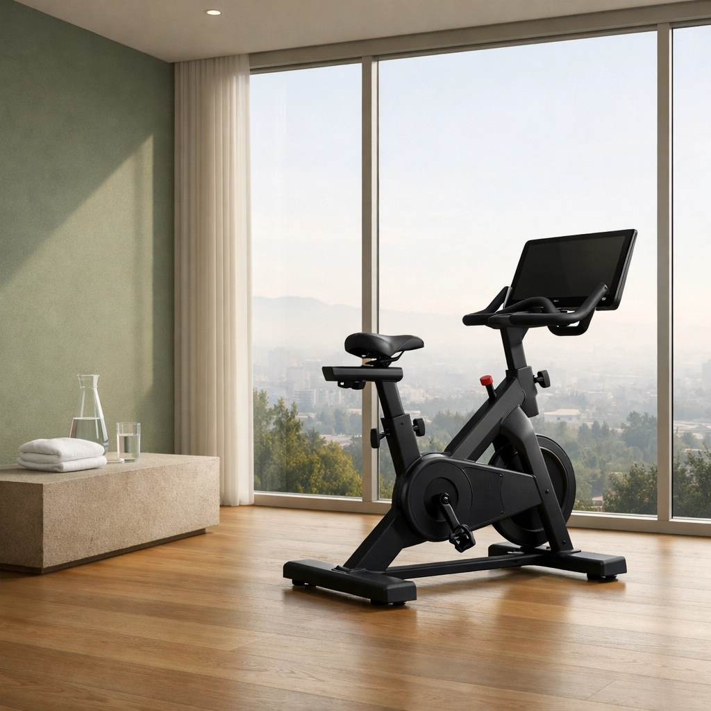 Modern hotel gym with smart stationary bike and minimalist design highlighting guest wellness technology.