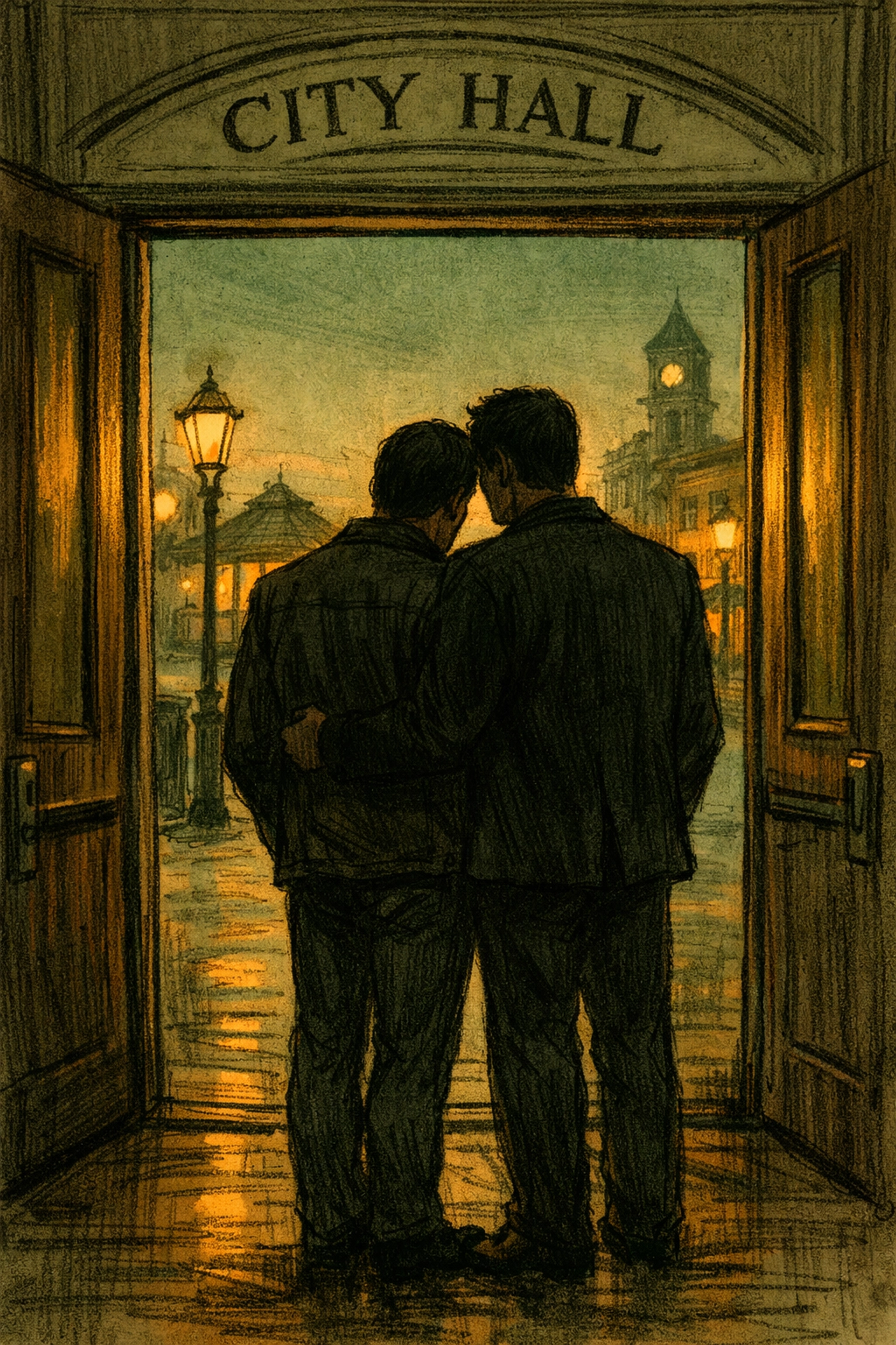 Two men at City Hall entrance - MM romance depicting political vulnerability and consequence