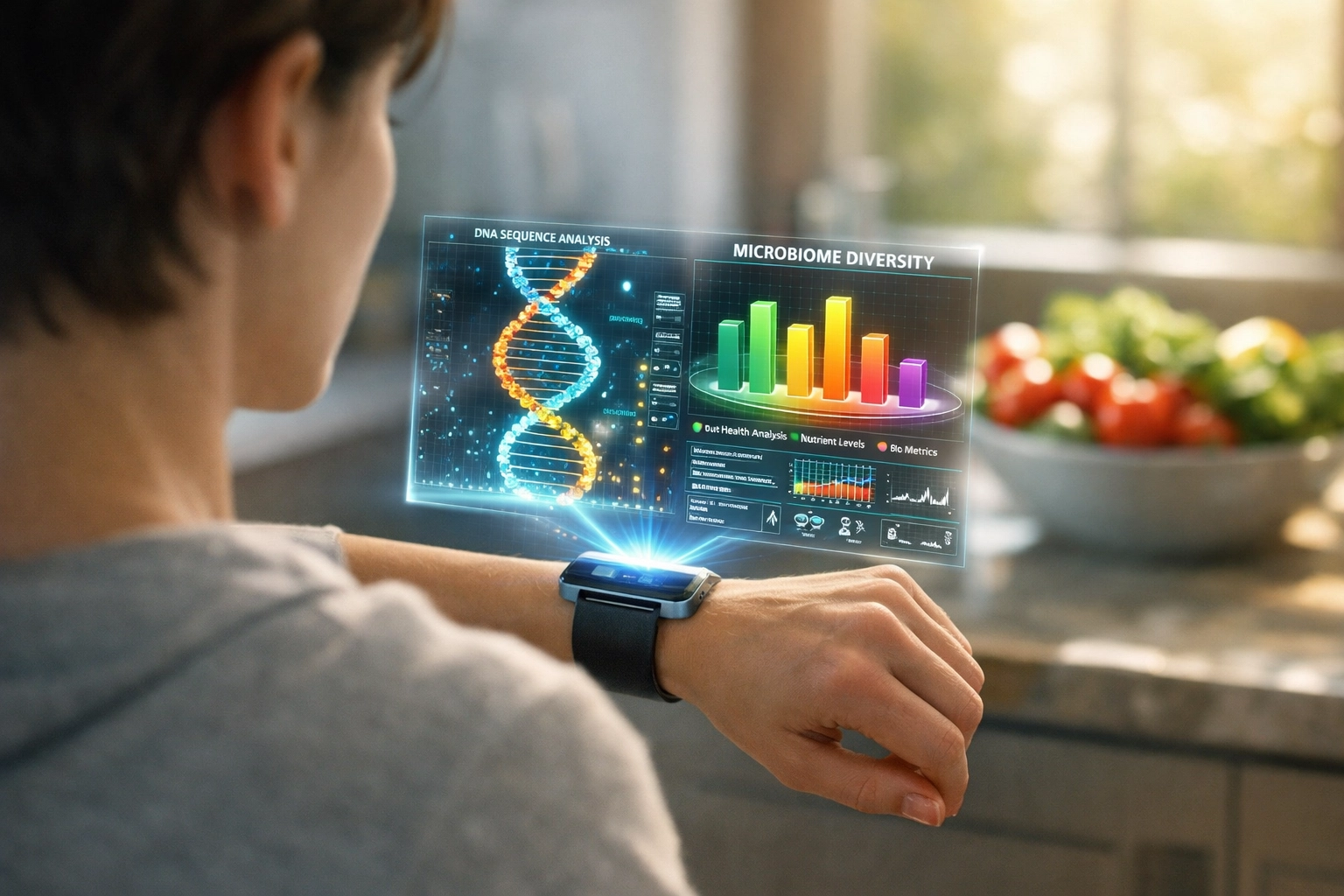 Person using a digital wearable to track gut microbiome health and personalized nutrition data.