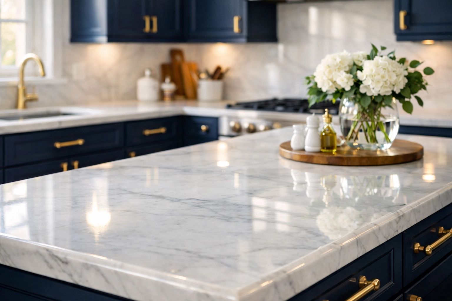 Spotless luxury kitchen with polished marble countertops from expert house cleaning Tewksbury MA by ninjas.