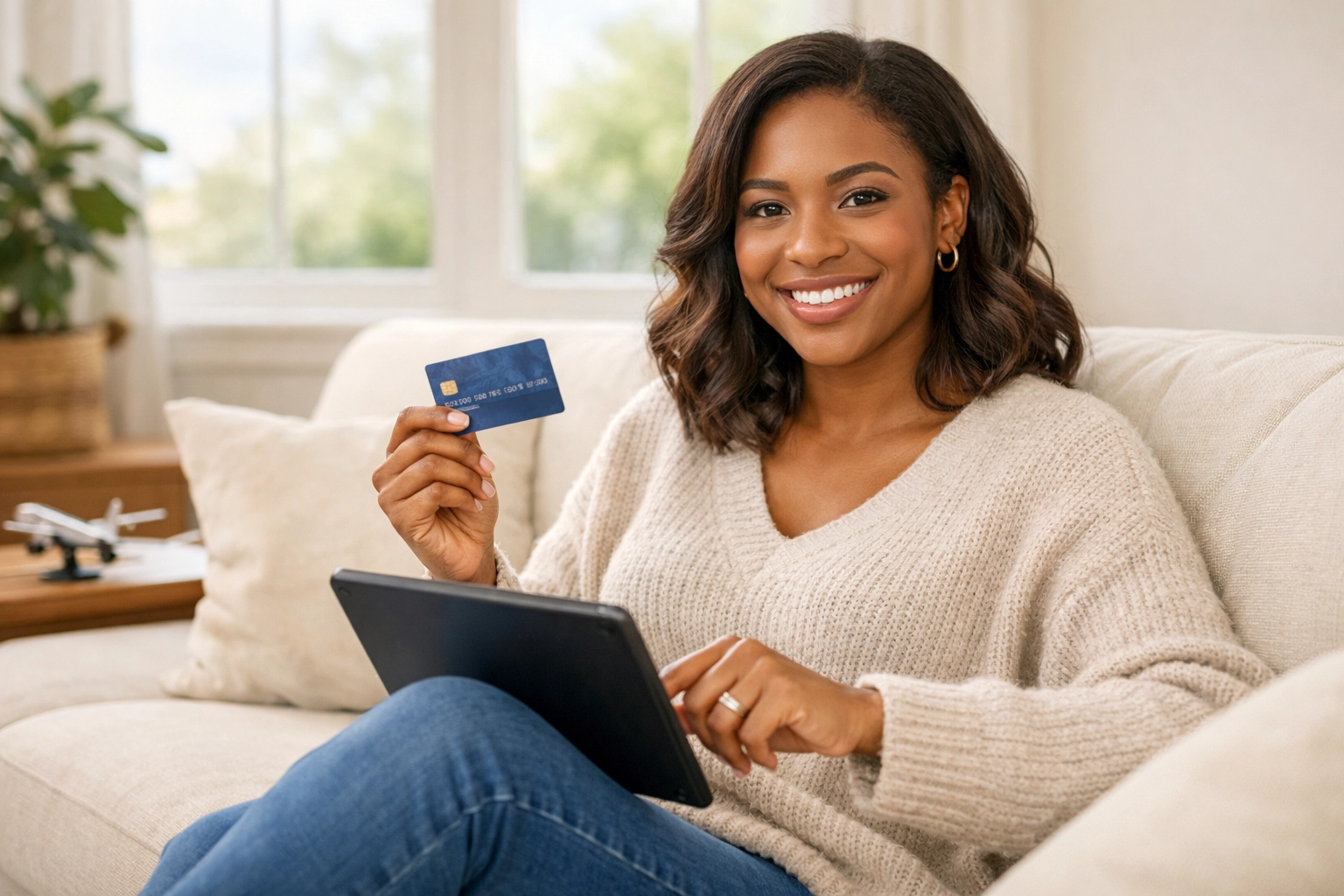 Woman booking vacation online with tablet and credit card from comfort of home
