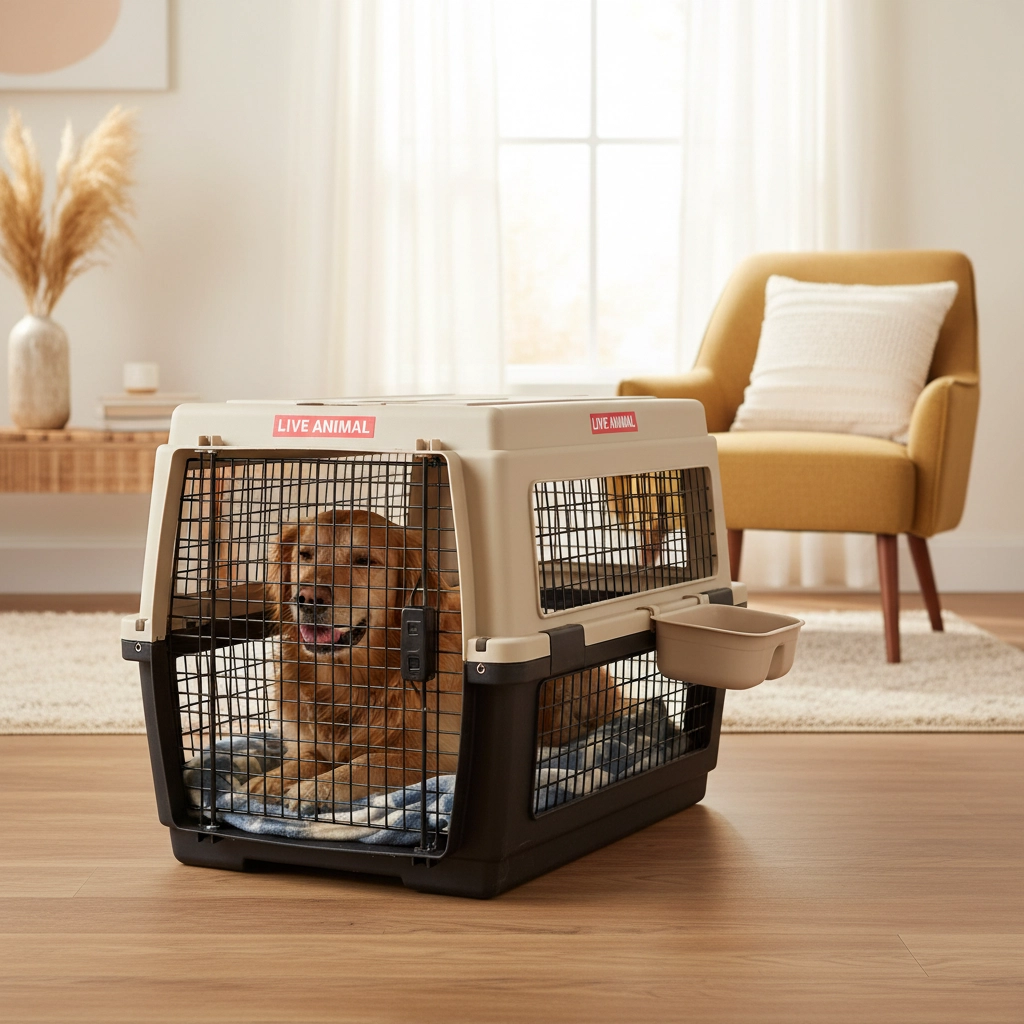 A picture of a living room with a Golden Retriever resting inside its closed crate. Moving Abroad with Pets